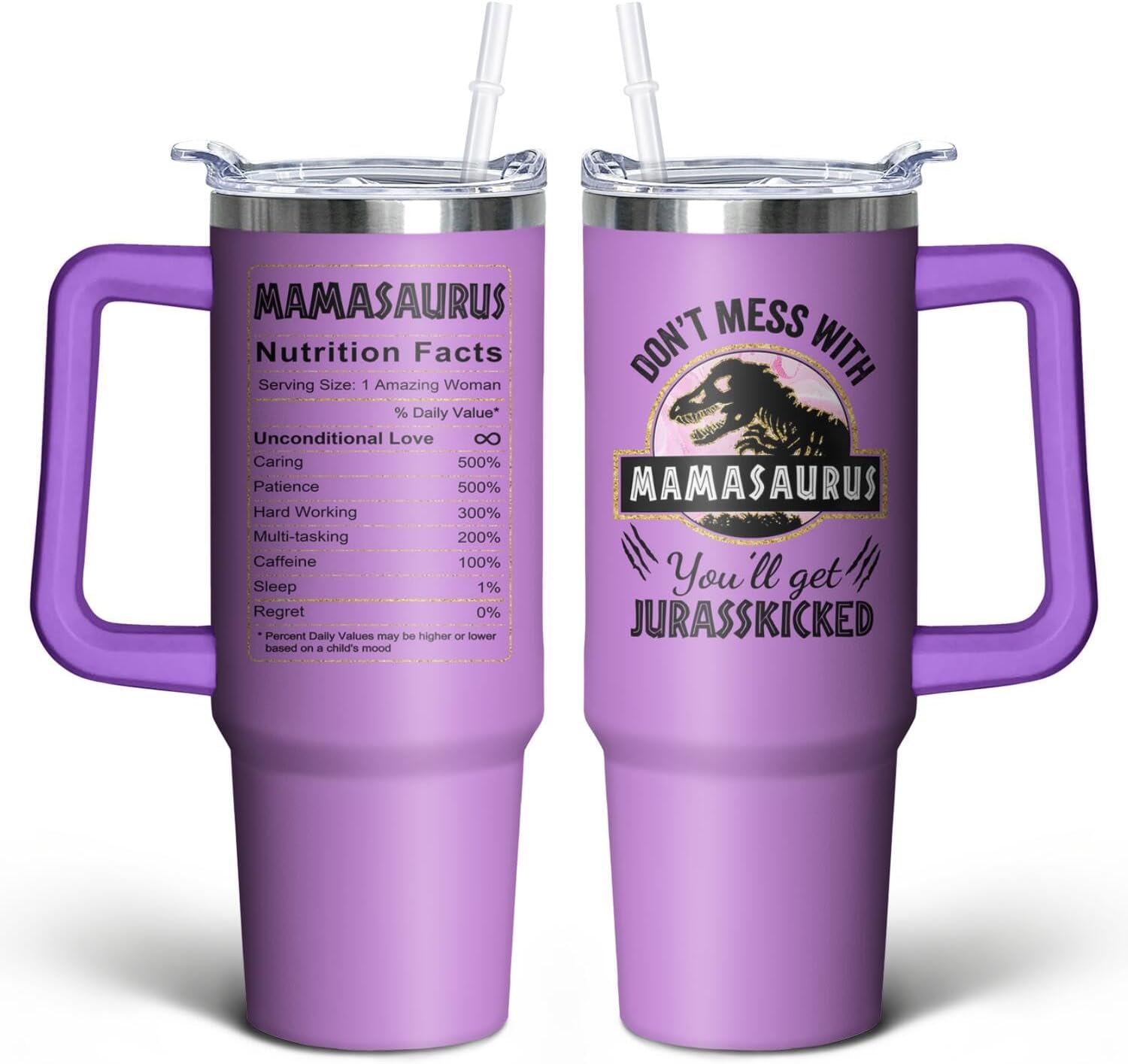 40oz Mamasaurus Tumbler with Handle and Straw, Don't Mess with Mamasaurus You'll Get Jurasskicked, Coffee Mug Water Bottle Stainless Steel Cup, Mothers Day Christmas Birthday Gift