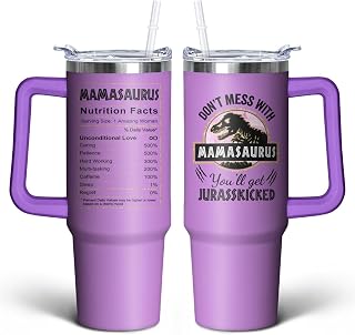 40oz Mamasaurus Tumbler with Handle and Straw, Don't Mess with Mamasaurus You'll Get Jurasskicked, Coffee Mug Water Bottle Stainless Steel Cup, Mothers Day Christmas Birthday Gift