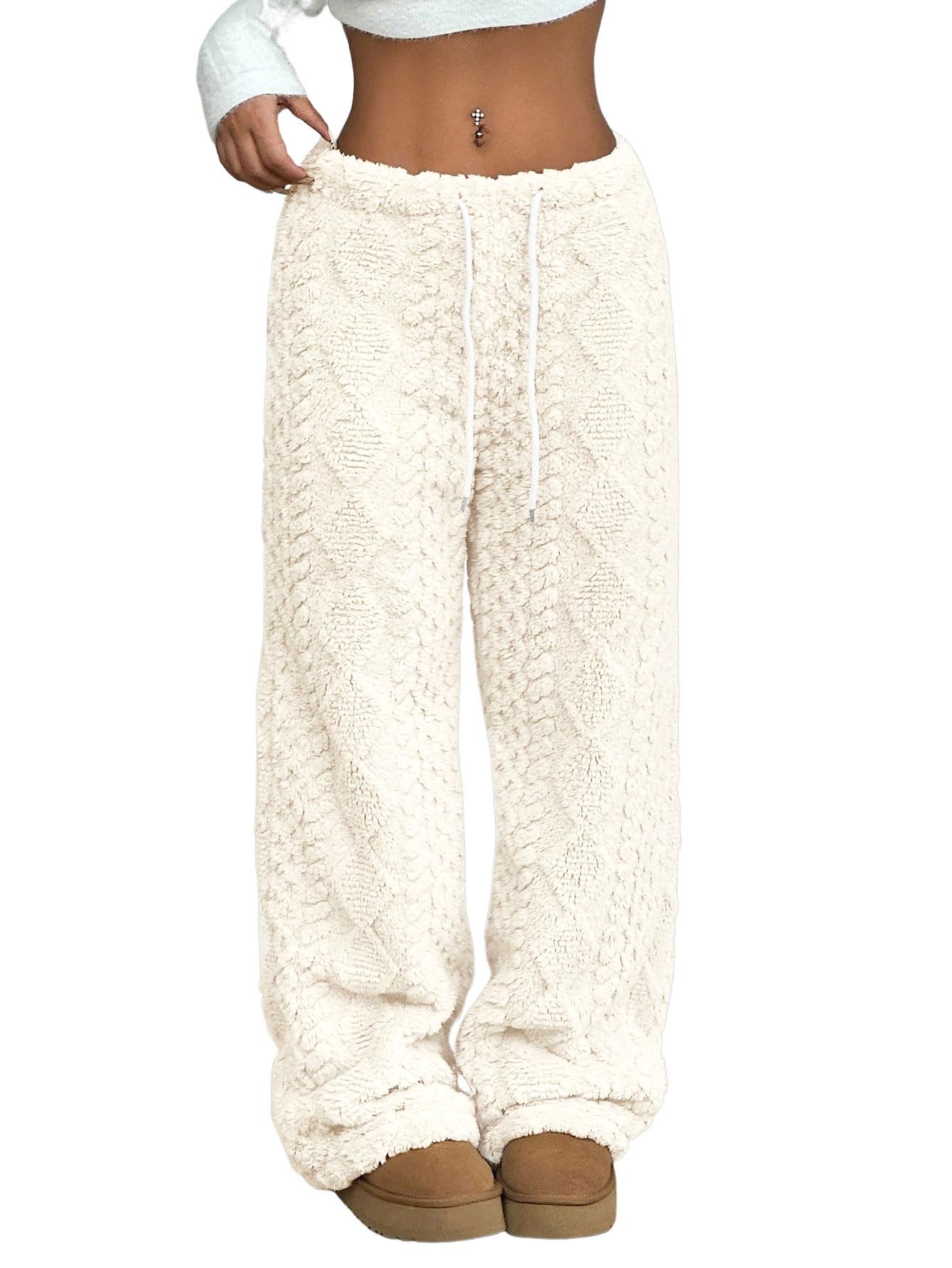 ZAFUL Women's Fuzzy Plush Pajama Pants Wide Leg Pj Bottoms Lounge Pants