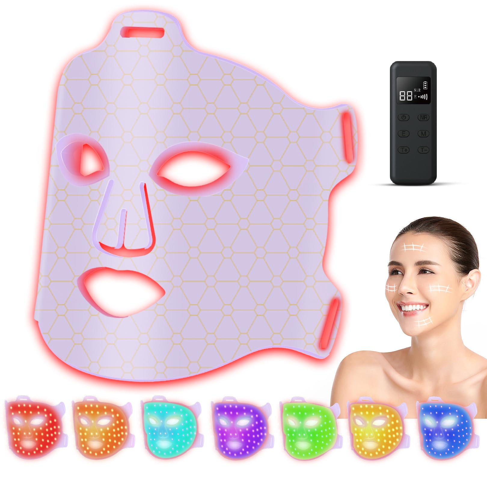 Maschera di Terapia con Luce LED per Viso, 7 Colori Terapia della Luce con Vicino Infrarosso, Dispositivo per la Cura della Pelle del Viso per Ringiovanimento della Pelle, Antirughe, Bellezza (Viola)