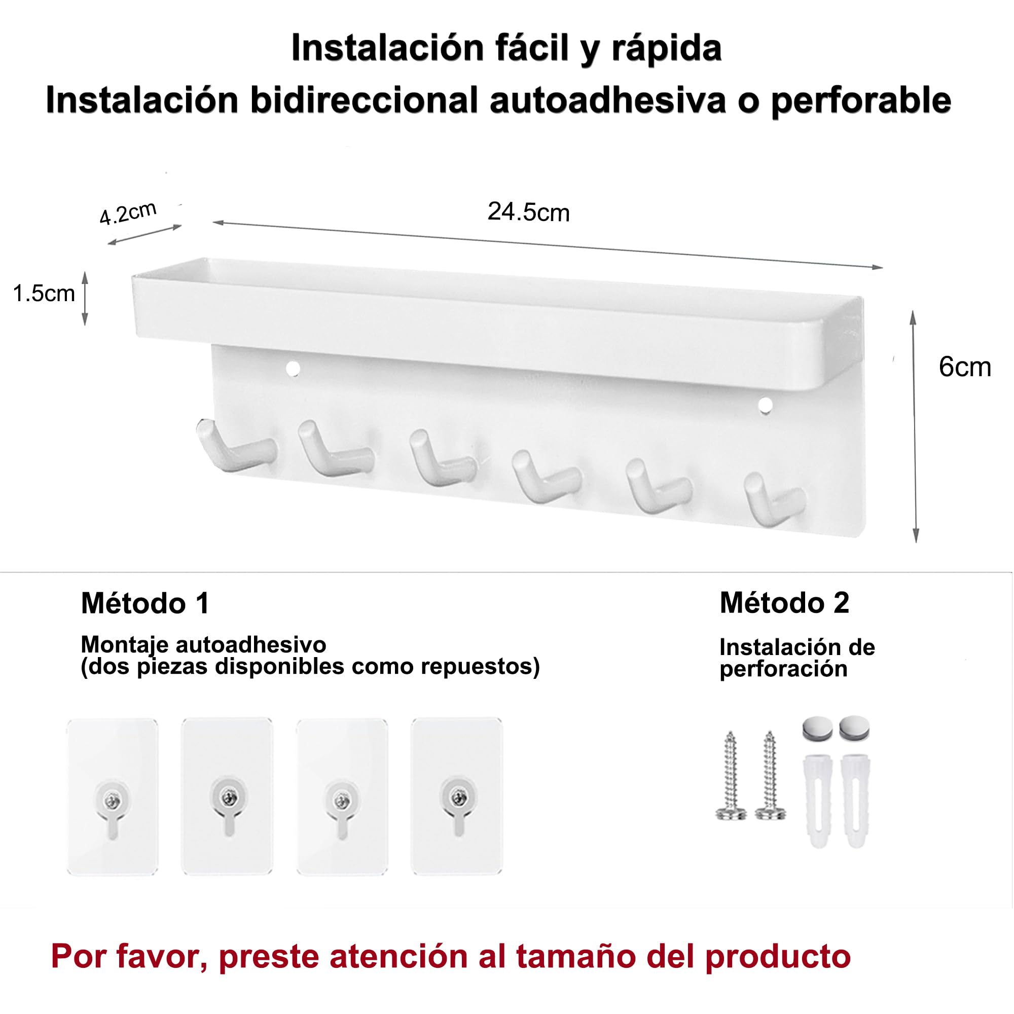 Echehi 6 Ganchos Cuelga Llaves Con Estanteria, la Multifuncional Autoadhesivo a Prueba de óxido Metal Colgador Llaves Pared Adecuado para Entrada, Cocina, Oficina, Baño y sala de estar (Blanco)