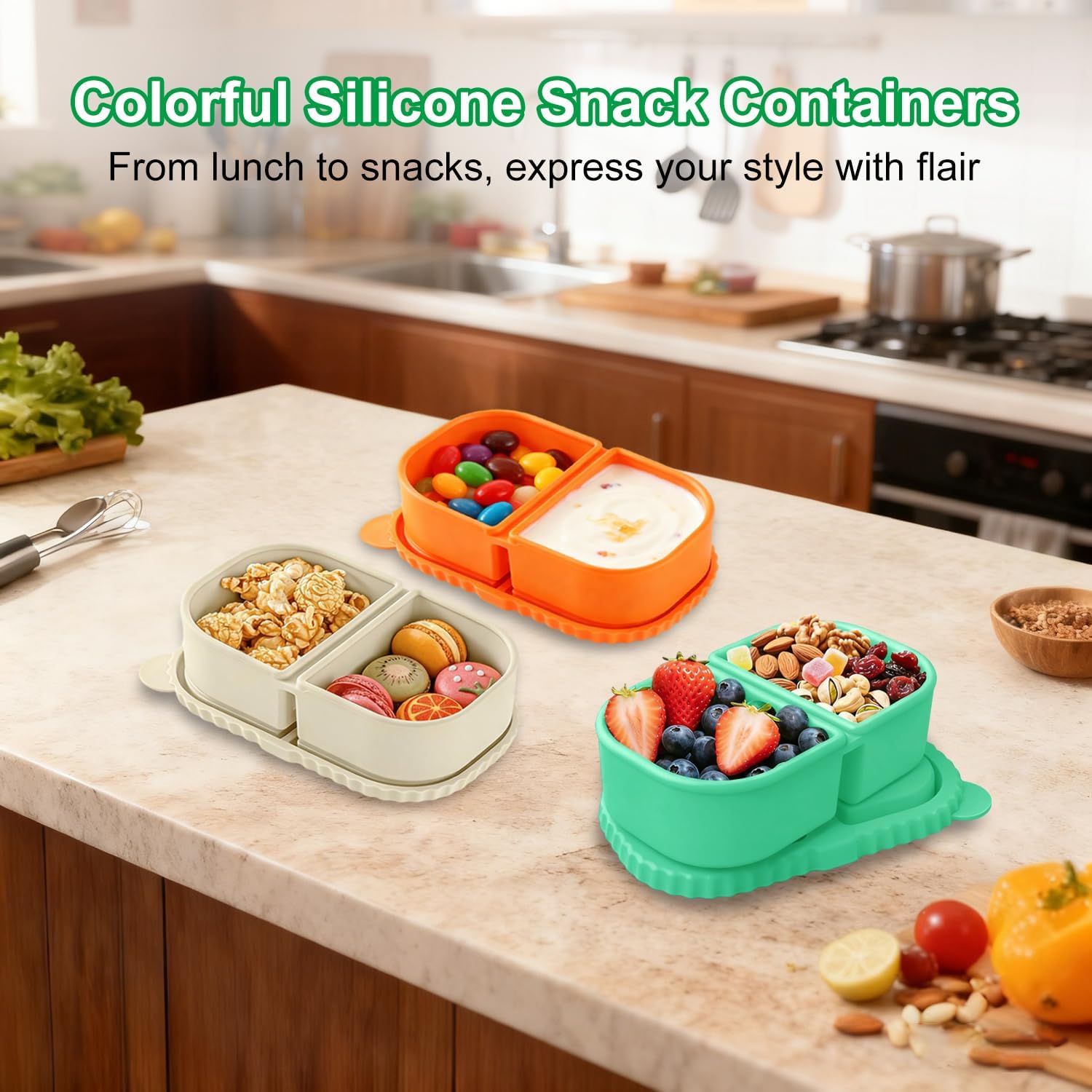 RAYBIN 3 Pack Silicone Reusable Snack Containers with Lids, 2 Compartments Leak-Proof Snackle Box Containers,Silicone Food Storage Containers for Office,School,Picnic - BPA Free (White,Green,Orange) - Image 2
