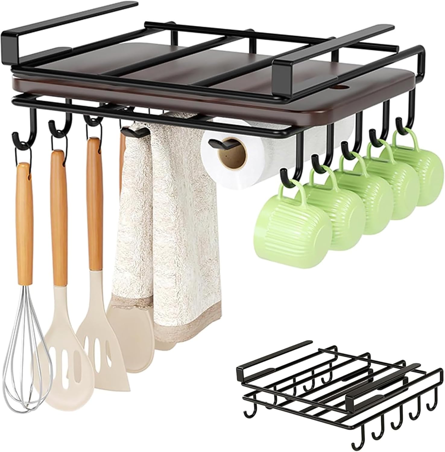 Multi-Functional Kitchen Hanging Organizer, Cutting Board Holder - Mug Holder Under Cabinet, No-Hole Clip-On Shelf Mug Hangers Under Shelf Kitchen Spoons Towels Hanger Organizer(Black)