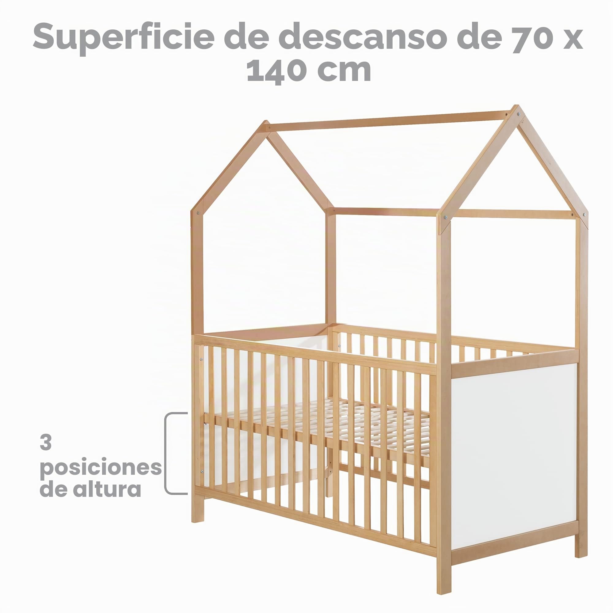 roba Cuna de Bebé en Forma de Casa 70 x 140 cm - Certificación FSC - Cama Infantil Altura Ajustable - Convertible en Cama Juvenil - Madera Bicolor
