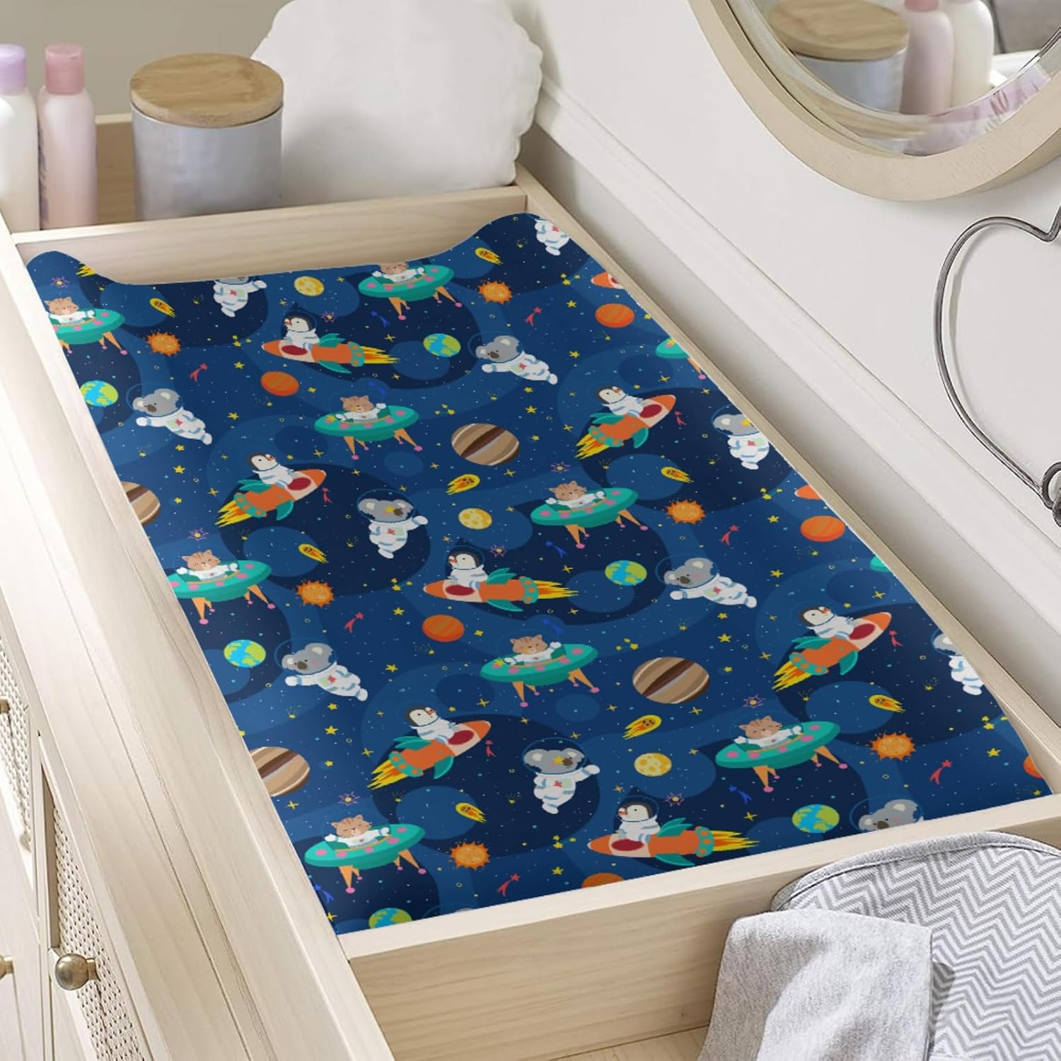 Cartoon Space Animals Rockets Planets Stars Pattern Baby Changing Pad Cover, Unisex Outer Space Nursery Diaper Changing Table Pad Mat Sheet for Boys Girls-16x32