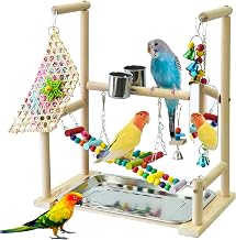 Bird Playground with Mirror Wooden Bird Stand Parrot Game Table with Feeder Cup Swing Climbing Ladder and Tray Portable Birds Game Stand | Natural Wooden Bird Playpen with Feeder Cup Ladder Perch Gym for Small Parakeets