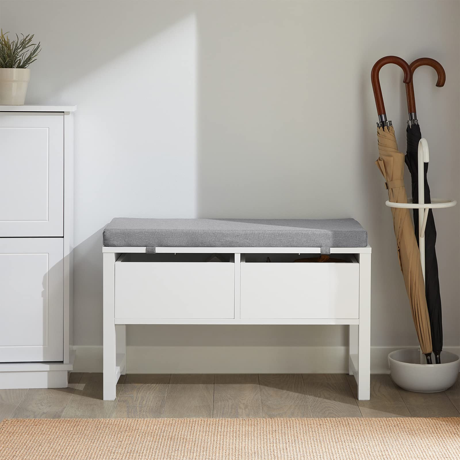 SoBuy Panca scarpiera con 2 cassetti 72x30x46cm per ingresso | Cassapanca contenitore con cuscino e 2 grandi cassetti, MDF, carico 150kg, design classico bianco FSR88-W