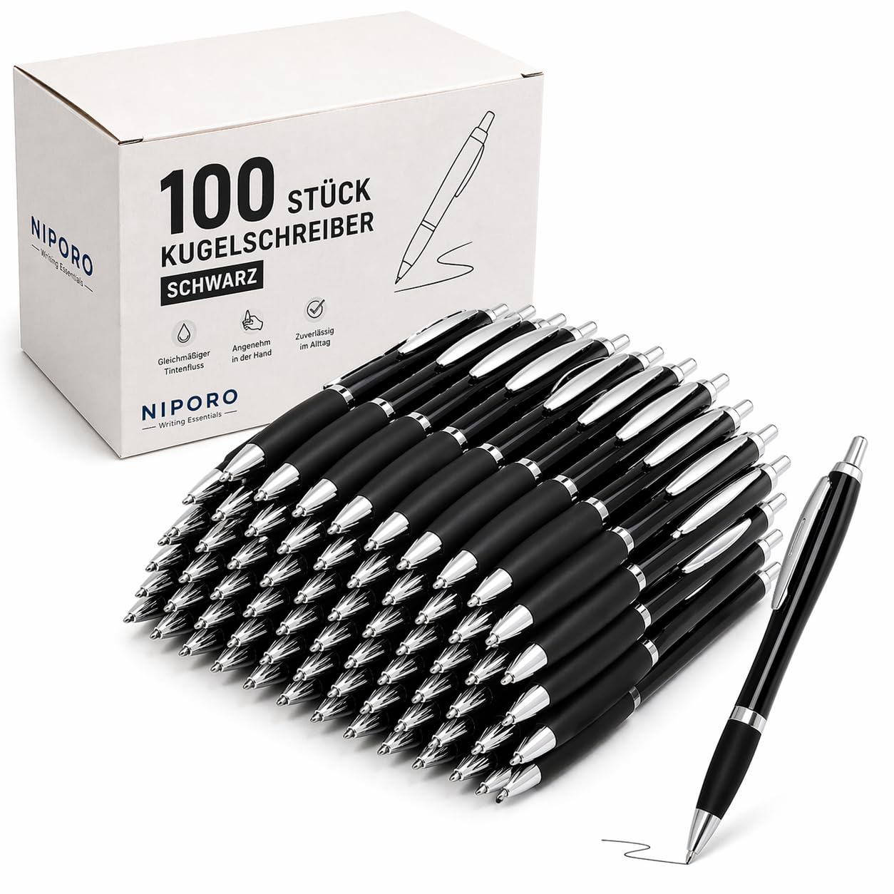 100 Kugelschreiber Blau oder Schwarz – alle mit blauer Tinte - Kugelschreiber Set weich schreibend, gleichmäßiger Tintenfluss, Soft-Grip – Vorratspack für Büro, Schule und Teams (100, Schwarz)