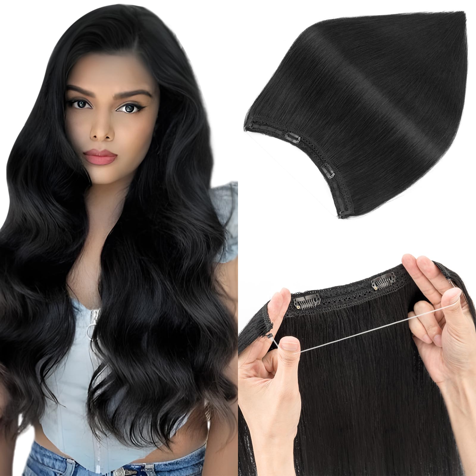 Elailite Invisible Wire Hair Extensions Real Human Hair Black Clip In One Piece Secret Wire Extension Band Straight Thick