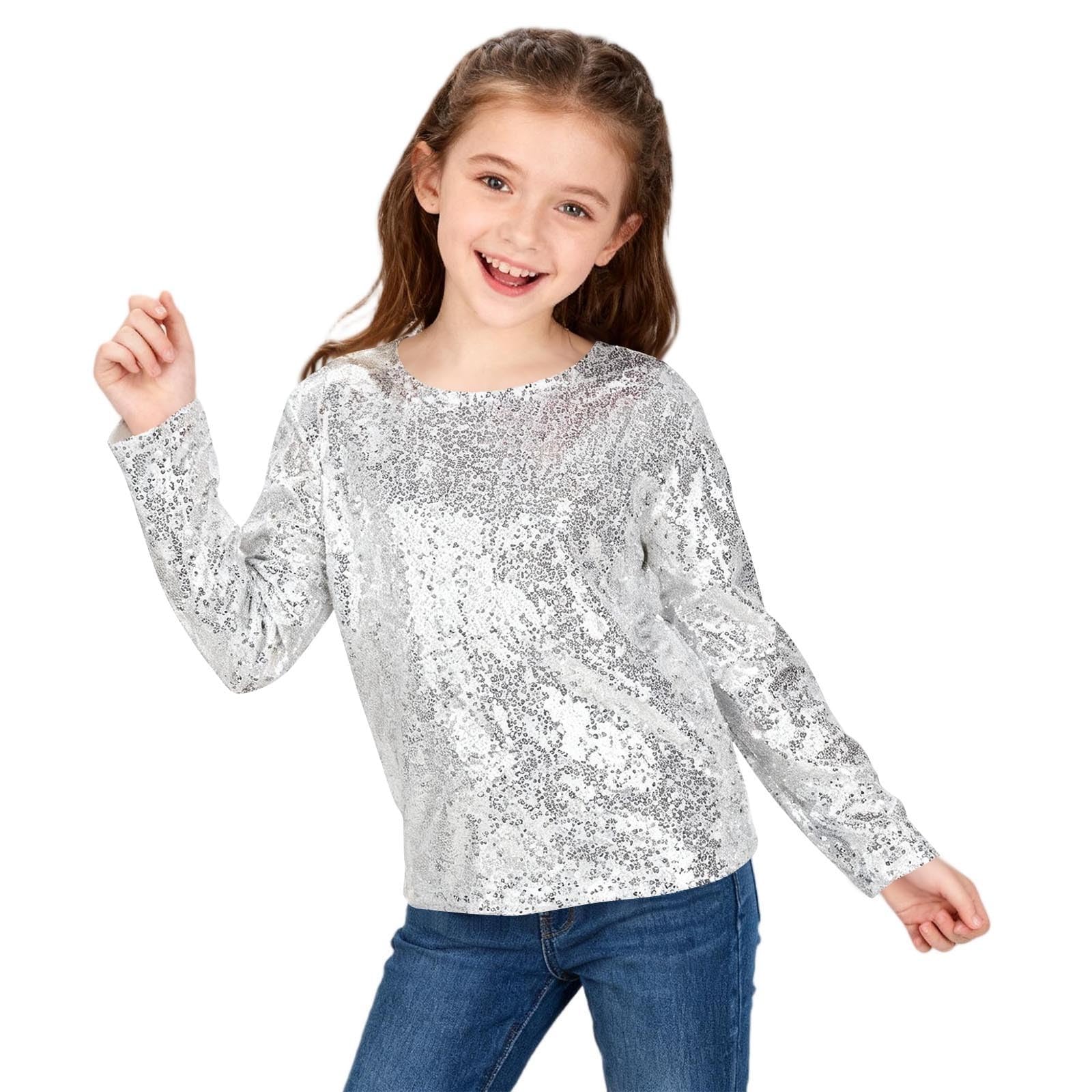 Camiseta de manga larga brillante con lentejuelas para niñas, para fiestas de cumpleaños, adolescentes, elegante, para escuela, carnaval, baile