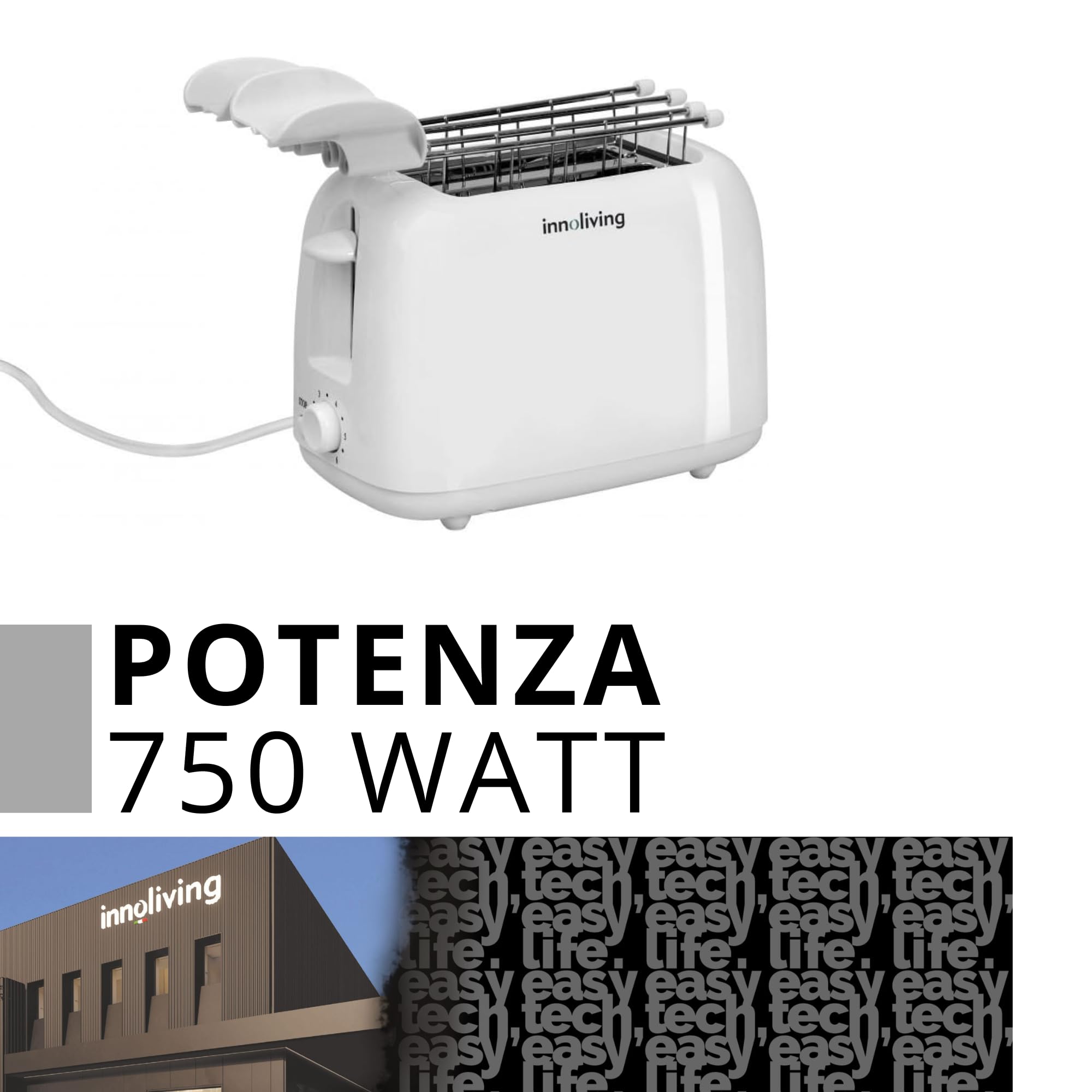Innoliving Tostapane con Pinze INN-742, 700W, 6 Livelli di Doratura Regolabili, Funzioni Scongelamento e Riscaldamento, Design Compatto, Facile da Usare e Pulire, Perfetto per Toast Croccanti