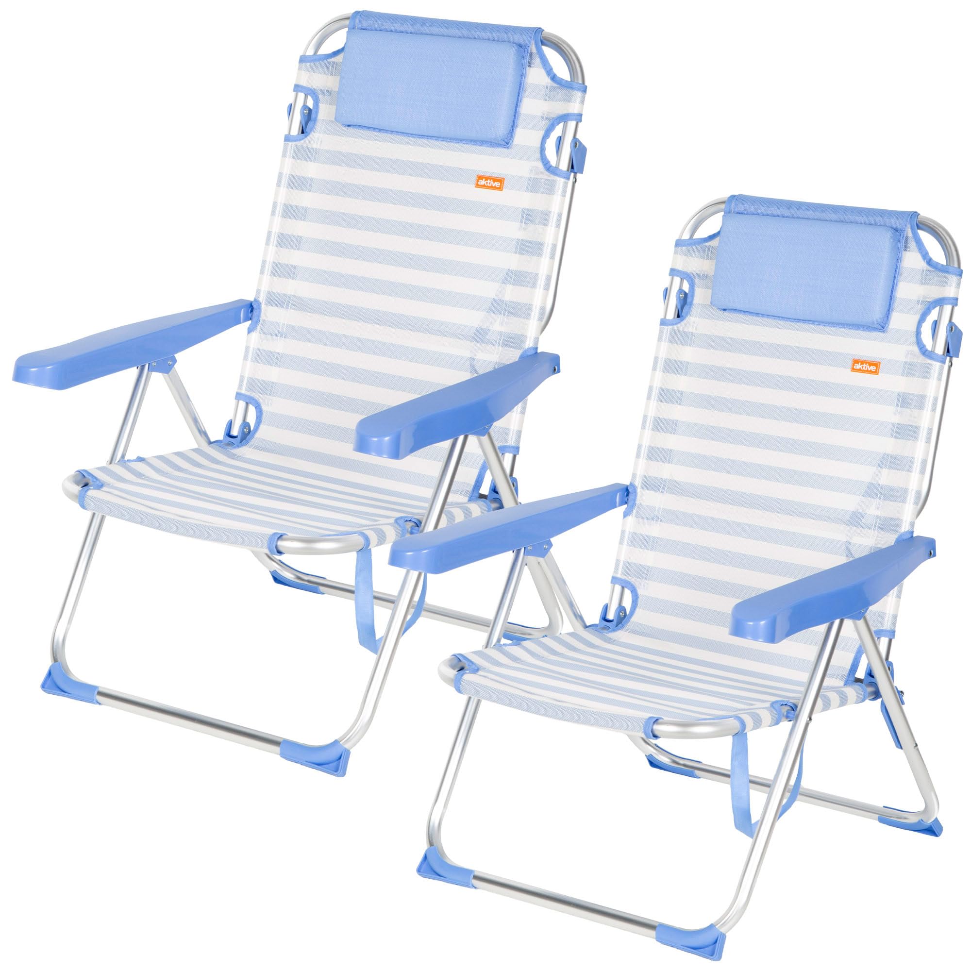 AKTIVE Pack 2 sillas Playa, 48x60x90 cm, Rayas Azul Claro, 5 Posiciones, Aluminio y textileno, Antivuelco, Peso soportado por Silla 110 kg, Cojín, Modo Tumbona, Asas Laterales (85560)
