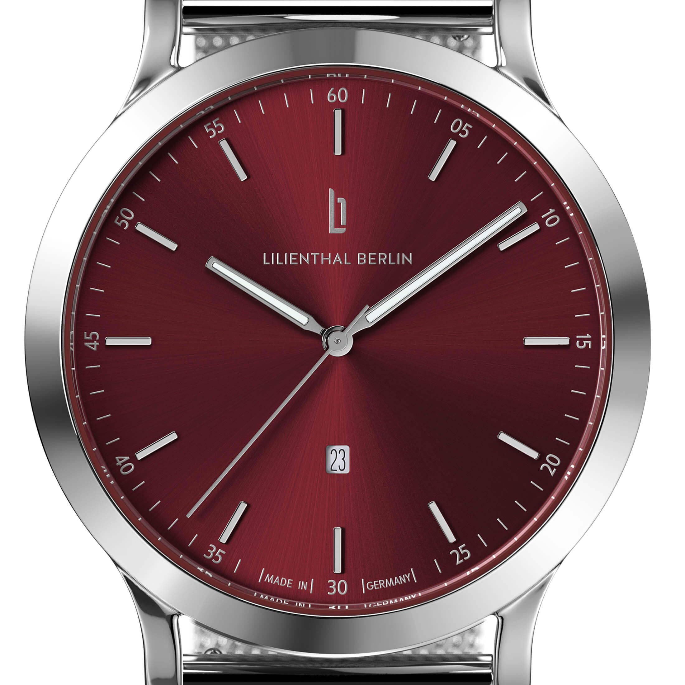 Lilienthal Berlin Orologio da uomo Huxley in Argento/Bordeaux - Orologio da polso in acciaio chirurgico 316L con movimento al quarzo e vetro minerale temperato zaffiro - 40 mm
