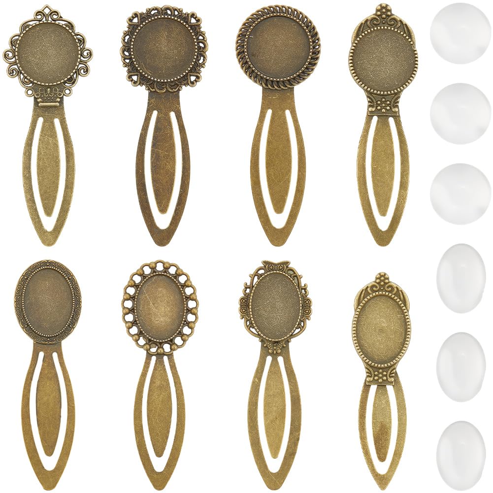 SUNNYCLUE 1 Box 16pcs 8styles Blank Metal Bookmarks Bulk Antique Bookmark Glass Cabochon Vintage Alloy Antique Bronze Books Reading Page Markers Kits for Women Birthday Party Gifts DIY Accessories