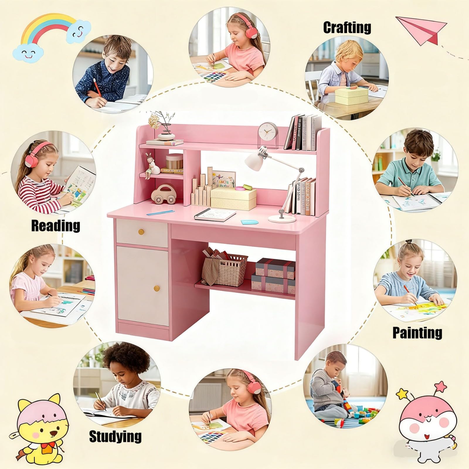 Scrivania per Bambini con Ripiani Armadietto Cassetto Tavolo Scrivania per Banco Scuola per Ragazzi In Legno Cameretta, Sala Studio A