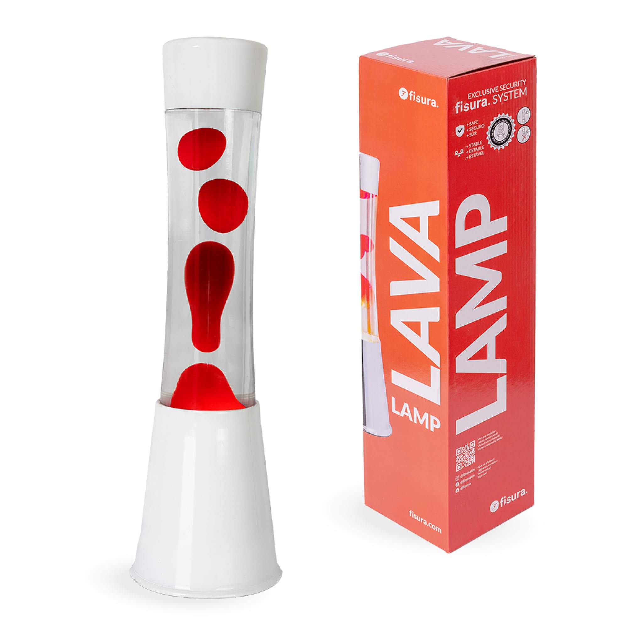 Fisura – Lámpara de lava roja y blanca. Base blanca, líquido transparente y lava roja. Lámpara con efecto relajante. Incluye bombilla de repuesto. 11 cm x 11cm x 41,5 cm.