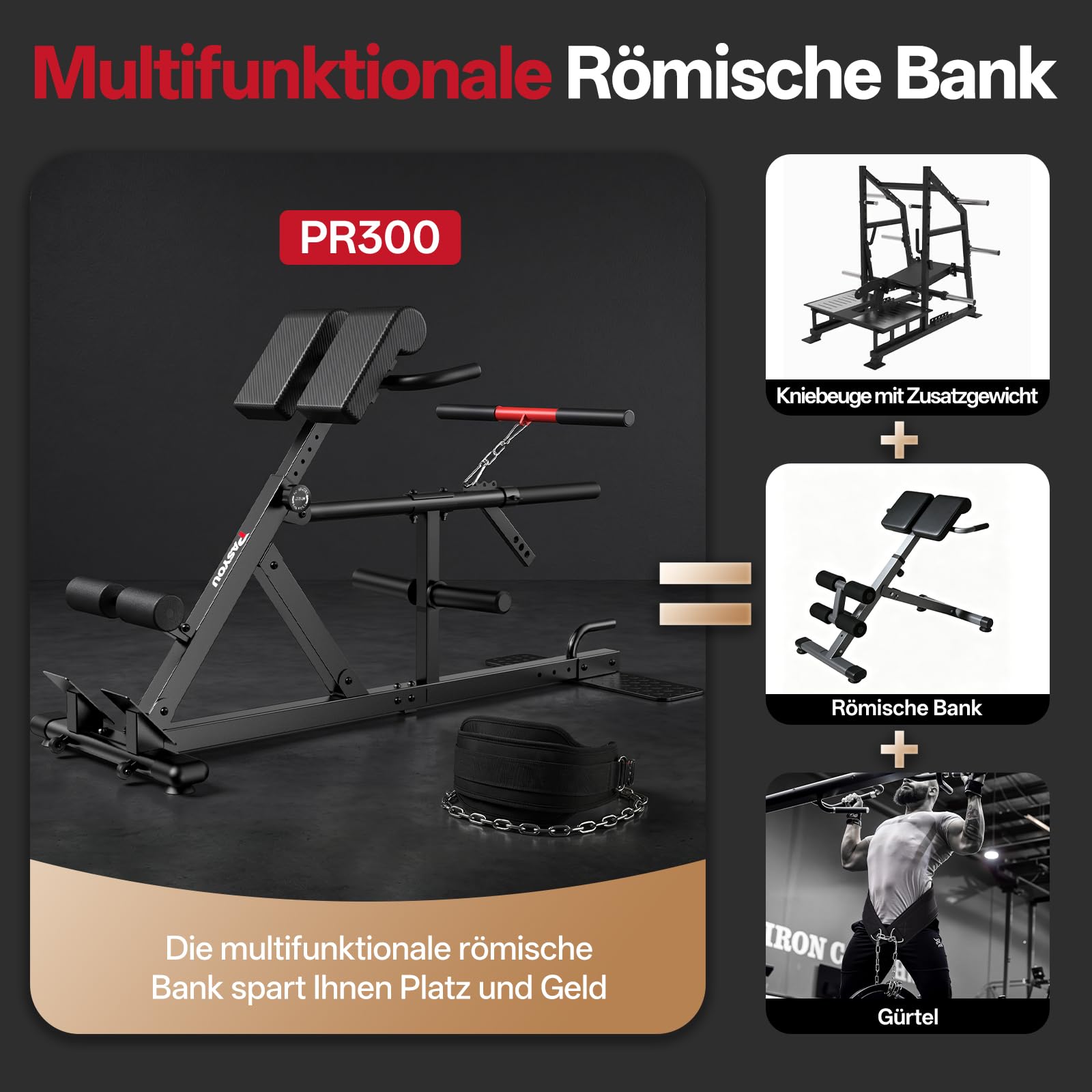 PASYOU Rückentrainer Hyperextension für Zuhause, Rückenstrecker mit Gewichthebergurt,4in1 Bauch- und Rückentrainer, Hyperextension, Bauchtrainer, Kreuzheben,Kniebeugen, bis 227 kg