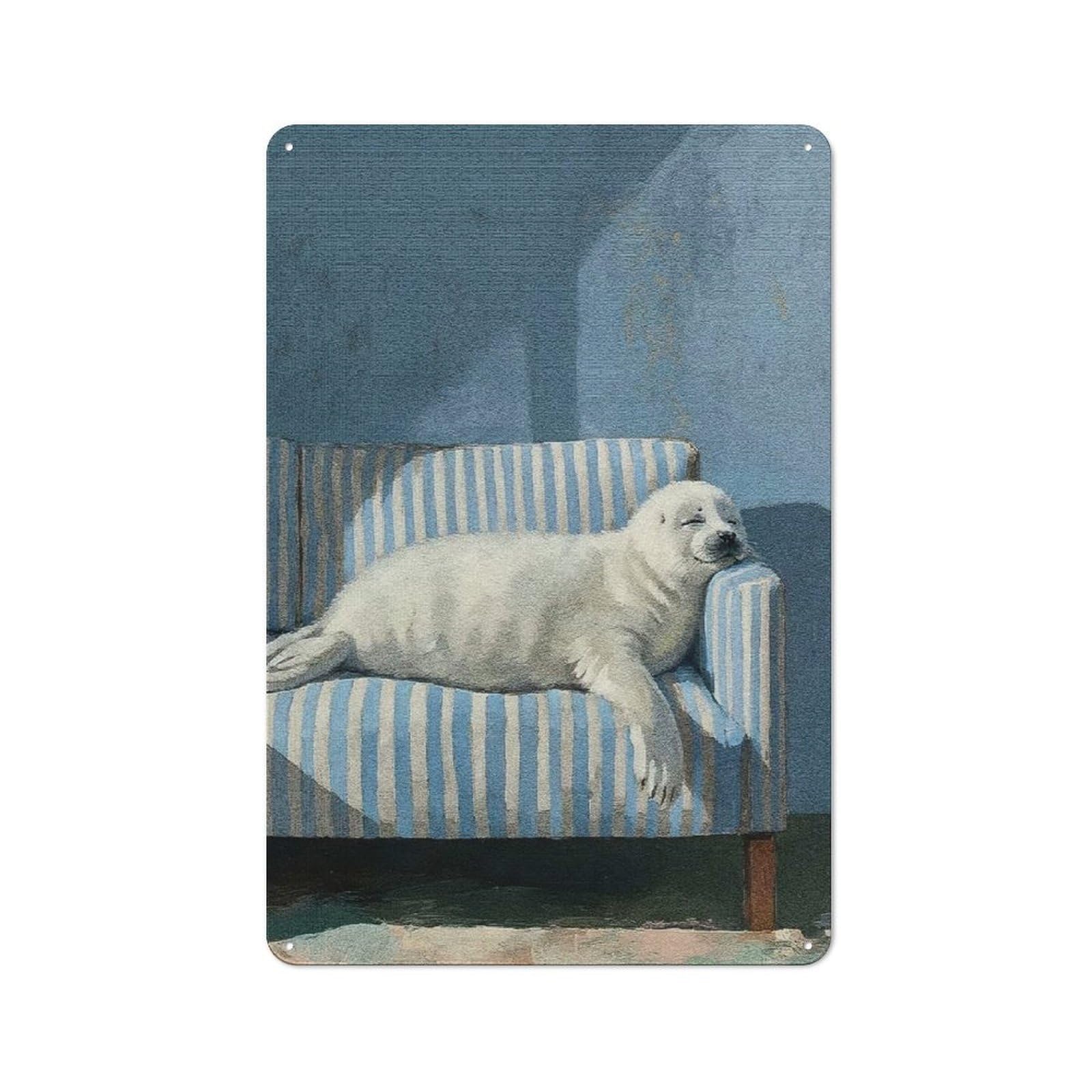 Junmoney Style-14 Metal Wall Sign 30X20cm Featuring Sleeping Seal Pup On Striped Couch For Workshop Wall, For Room Styling Across Workshops And Hobby Rooms