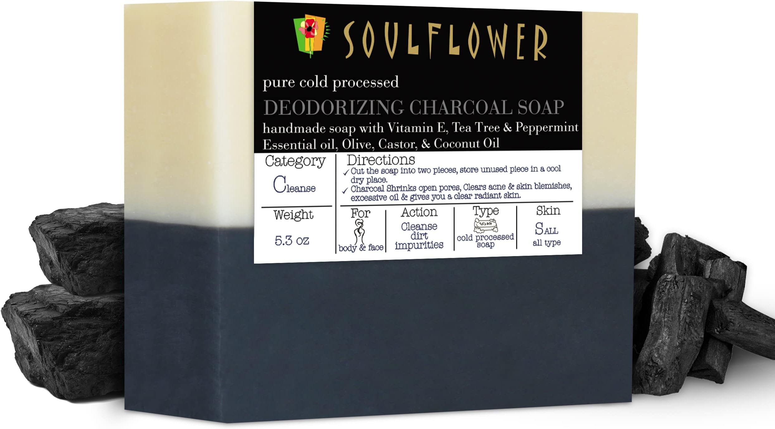 Deodorizing Charcoal Soap With Activated Charcoal, Peppermint Oil, Tea Tree Oil, Vitamin E For Acne, Body Odour - 150gm/5.3Oz