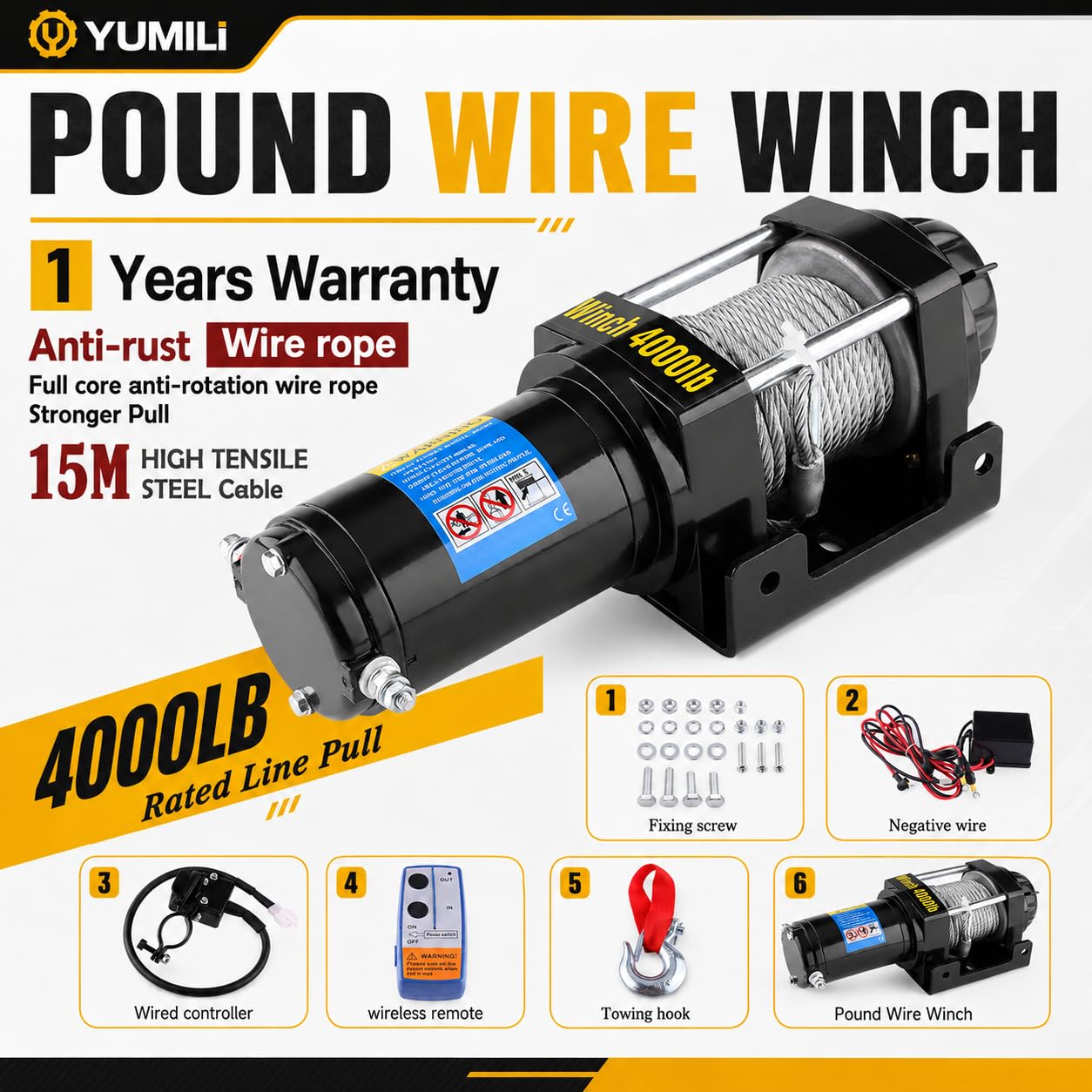 Zestaw wyciągarki elektrycznej - 4000 funtów / 1818 kg 12 V 15 m Wb4,8 mm wytrzymały stalowy kabel wciągarki zwrotne pilot do ciężkich zastosowań z 4-kierunkowym przelotką rolkową i hakiem kutym