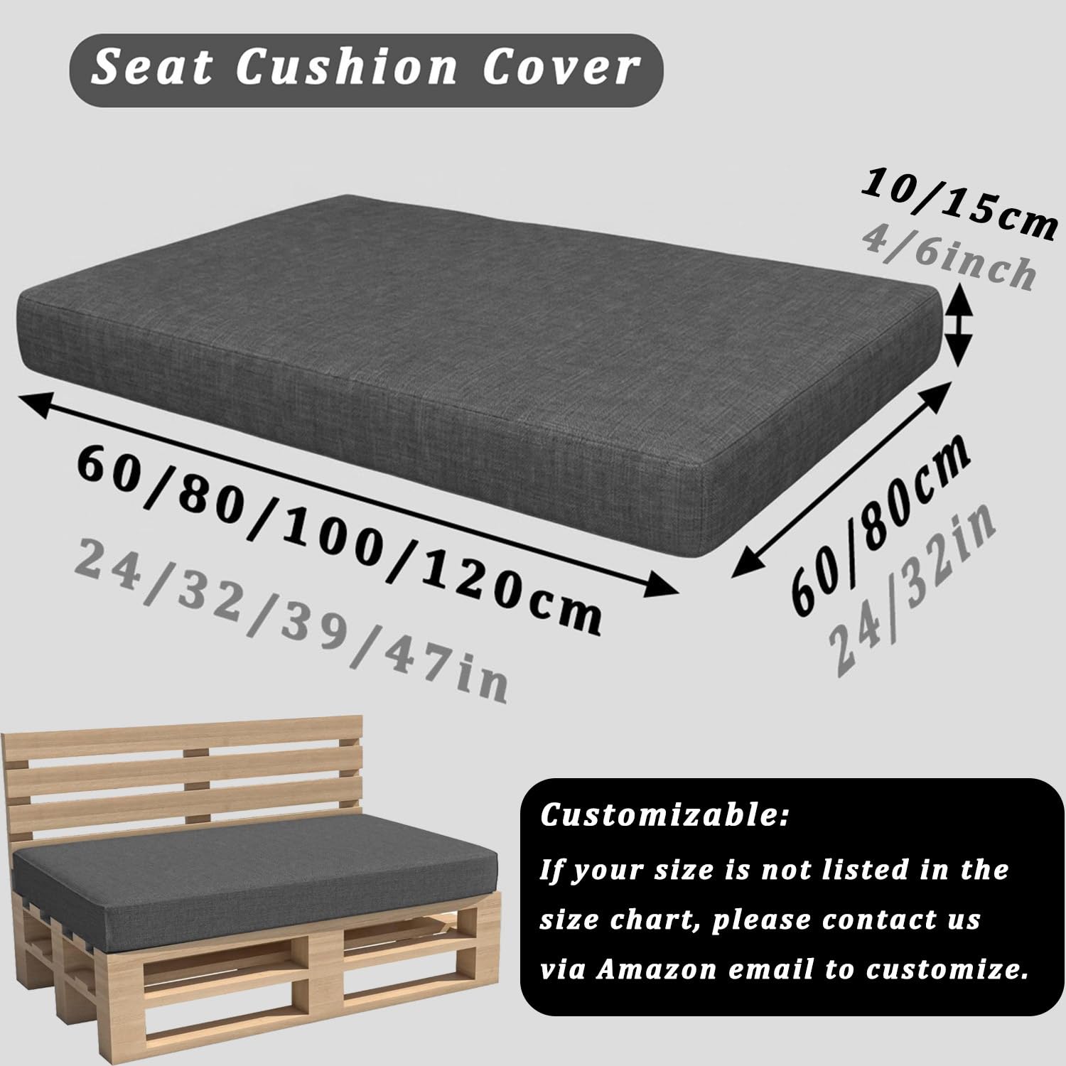 Fundas para Cojines de Palets 120×80 60×40 120×60 120×40 Exterior, Reemplazo Impermeable para Sofá de Jardín con Base Antideslizante y Cremallera (A Medida)(Gris,Seat 80x120x15cm)