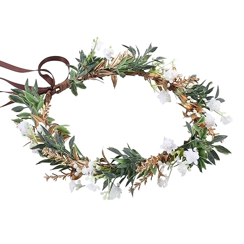 KorViSHOW Cute Sweet Flower Crown - Golden Green Leaves White Babys Breath Flower Headband Princess Flower Crown for Birthday Party Prom Wedding