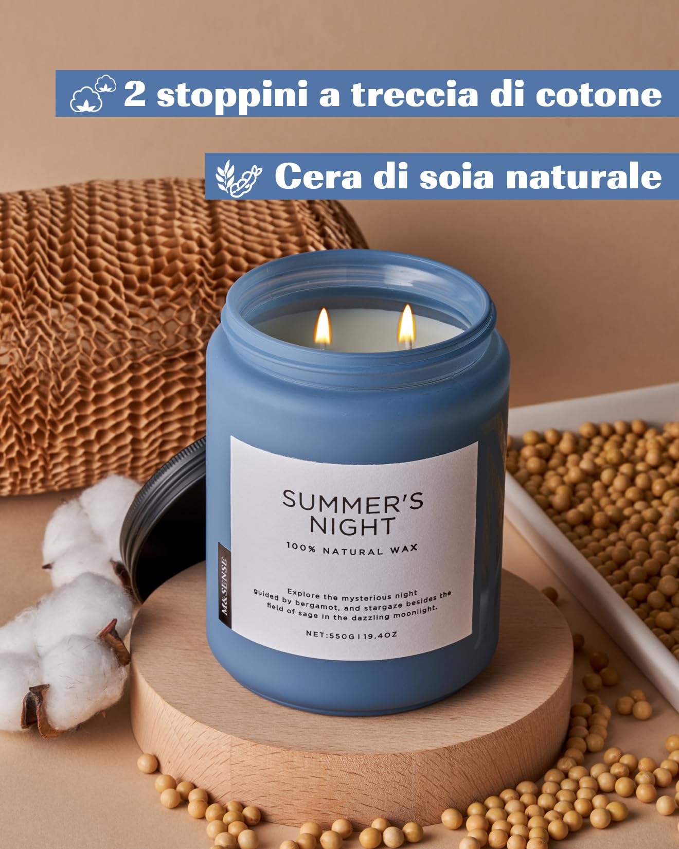 M&SENSE Candela profumata Notte d'estate, candela in cera naturale per la casa, candela media a 2 stoppini per uomo,550g fino a 110 ore di combustione, candele maschili per la camera da letto