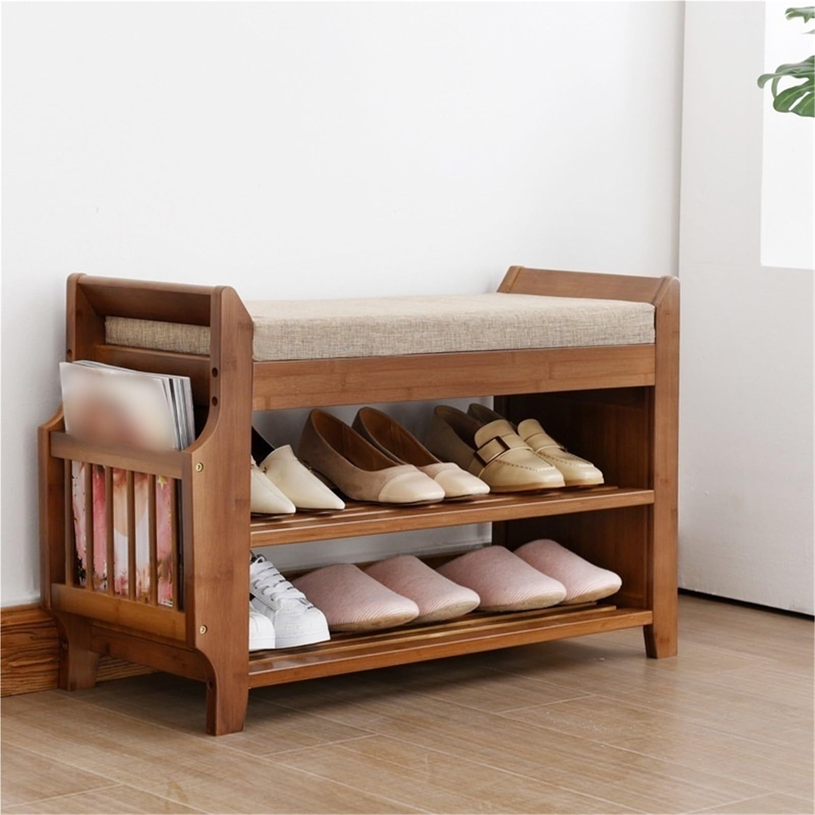 IvyLoutish Bamboo Shoe Storage Bench with Soft Cushions and Storage Compartment Entryway Shoe Rack Portable Storage Shelf for Hallway Living Room Bedroom,Ideal for Home