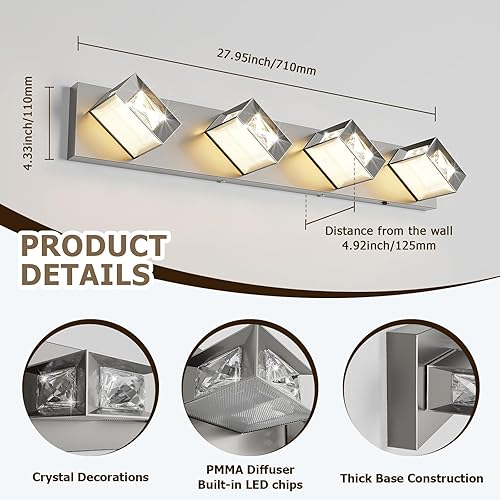 Miniatura 5 de Joossnwell Luces de baño de níquel cepillado sobre espejo (4 luces, 28 pulgadas), lámpara de tocador de cristal 5CCT regulable moderna LED con