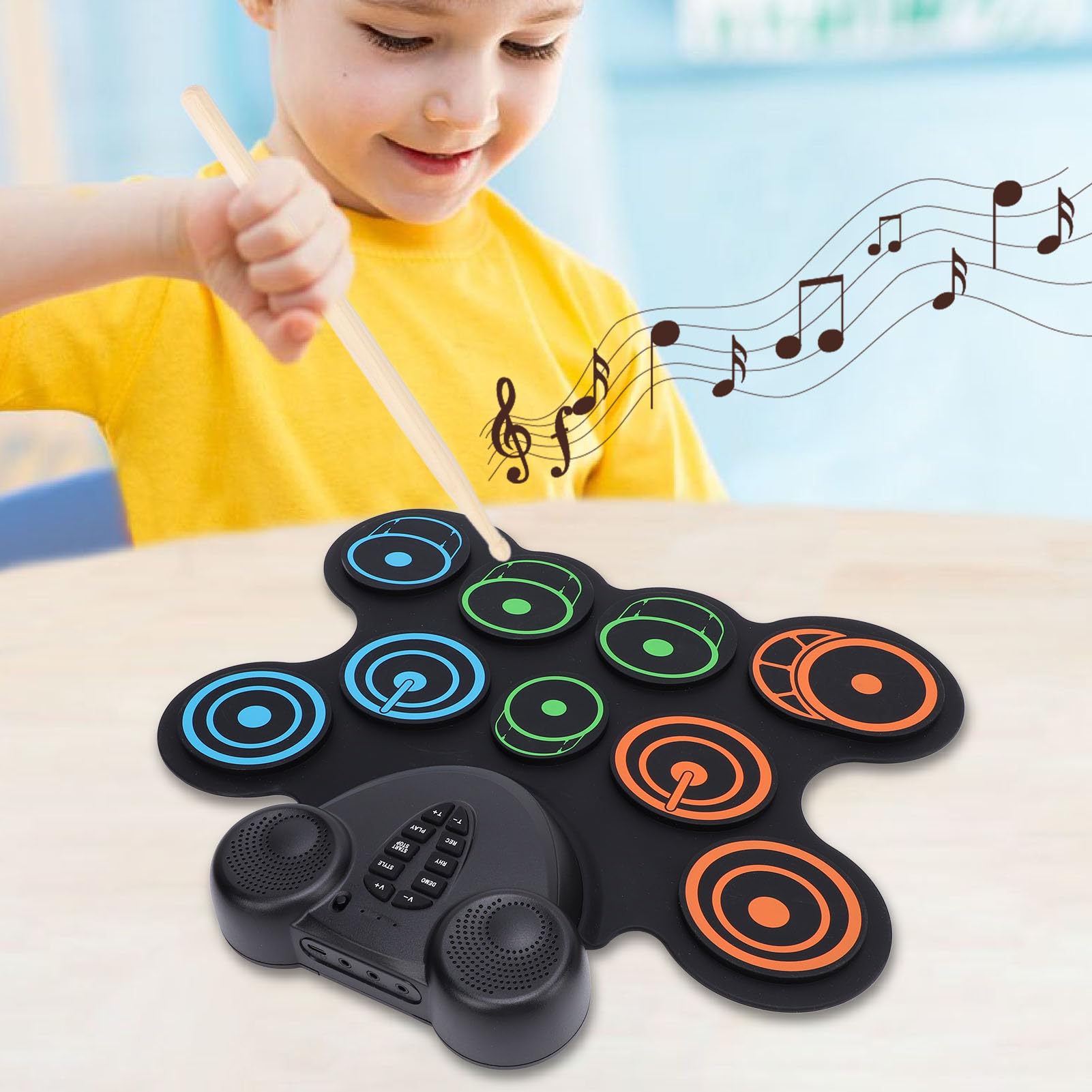 Electronic Drum Set, 10 Practice Pads 7 Tone 10 Rhythms Roll Up Drum Drum Pad Electronic Drum Practice Pad with Dual Speakers, Folding Roll Up Drum Pad for Kids