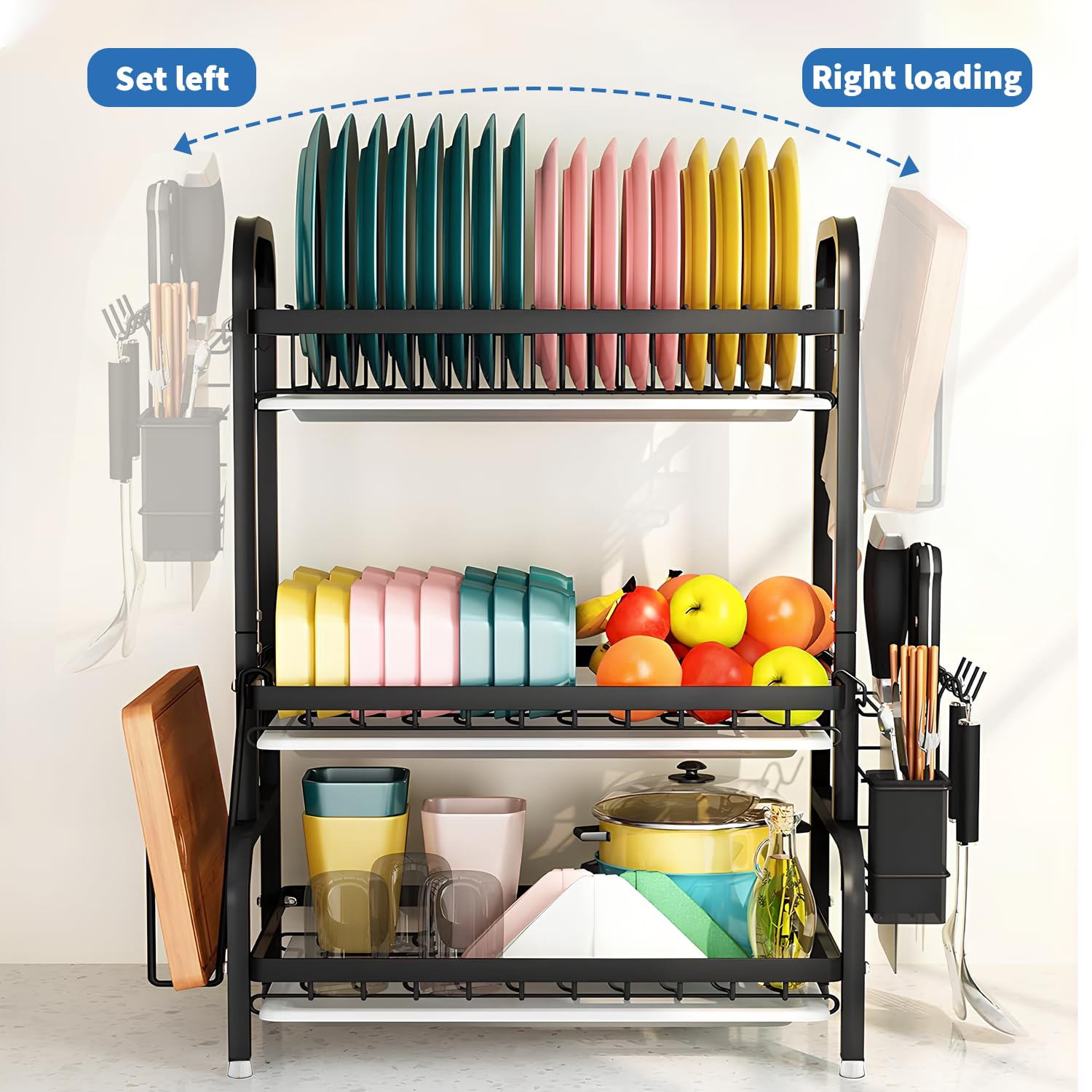 Scolapiatti nero a 3 livelli con vassoio raccogligocce 63 * 27 * 14 cm, porta posate/tagliere da posizionare sopra il lavello, scaffale portaoggetti per piatti in acciaio inox con 4 ganci