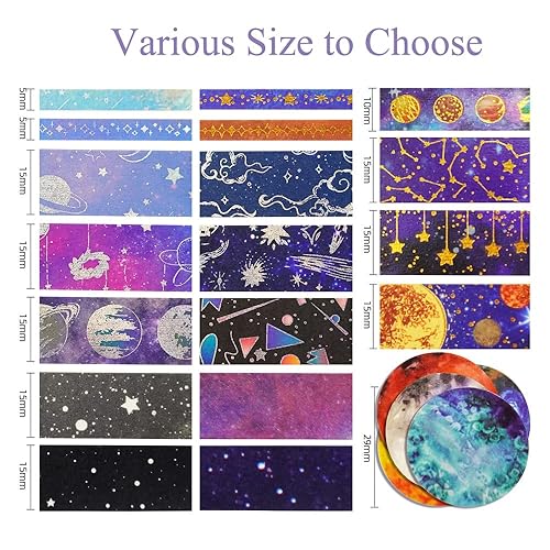 Miniatura 4 de Baijixin Galaxy Washi - Juego de 19 rollos de cinta adhesiva Washi de lámina dorada celestial, estrellas, cinta adhesiva decorativa para diario de