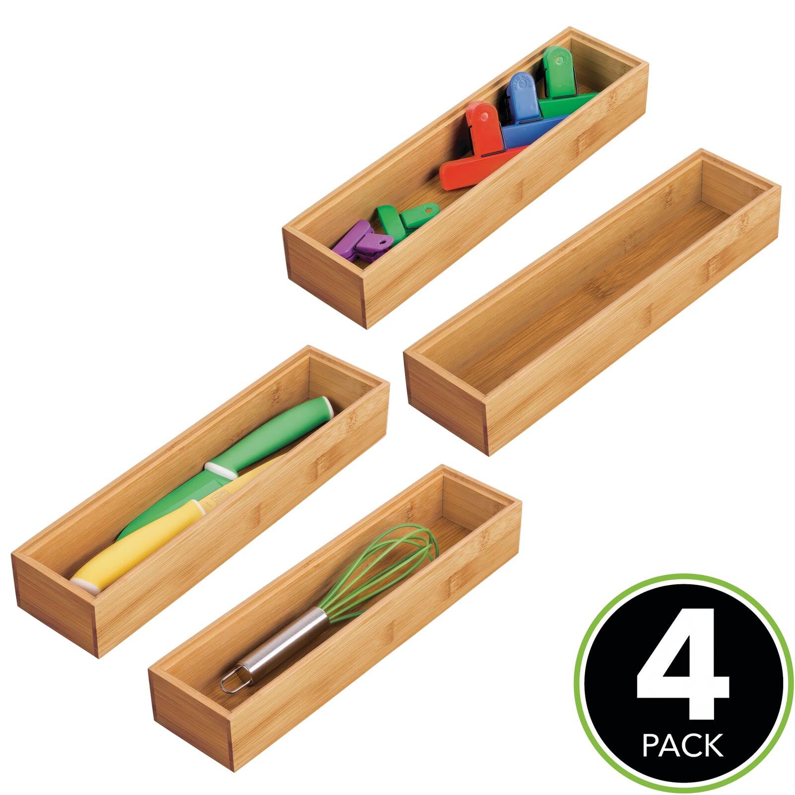 mDesign Organiseur de tiroir - Séparateur de tiroir rectangulaire en bambou - Séparateur de tiroir empilable pour couverts et ustensiles de cuisine - Lot de 4 - Naturel