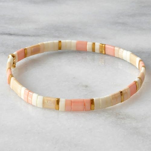 Miniatura 4 de Blush Cream Beige Gold 7 inch Tile Beaded Stretch Bracelet with Tila Beads