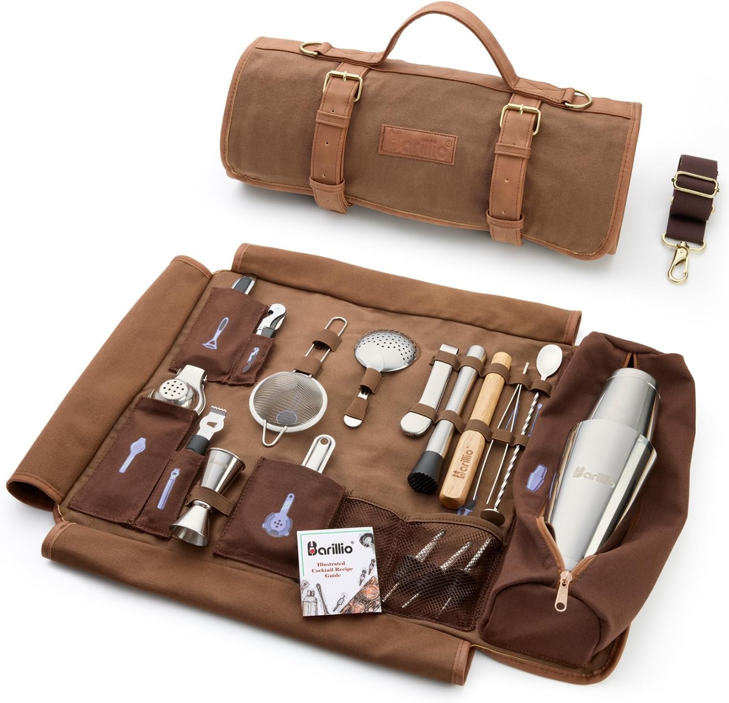 Barillio Bartender Kit Bag with Cocktail Shaker Set - Waxed Canvas, Traveling Bar Tools Bag with 17-Pc Cocktail Kit - Travel Mixology Bartending Kits - Mobile Bar Roll with Strap & Accessories - Thumbnail 3