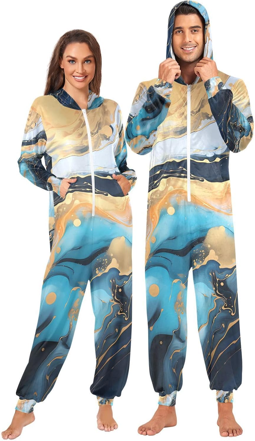 Blue Marble Gold Fluid Marble Unisex Adult Onesie Pajamas Comfy One Piece Costume Jumpsuits Novelty Sleepwear Homewear for Men Women