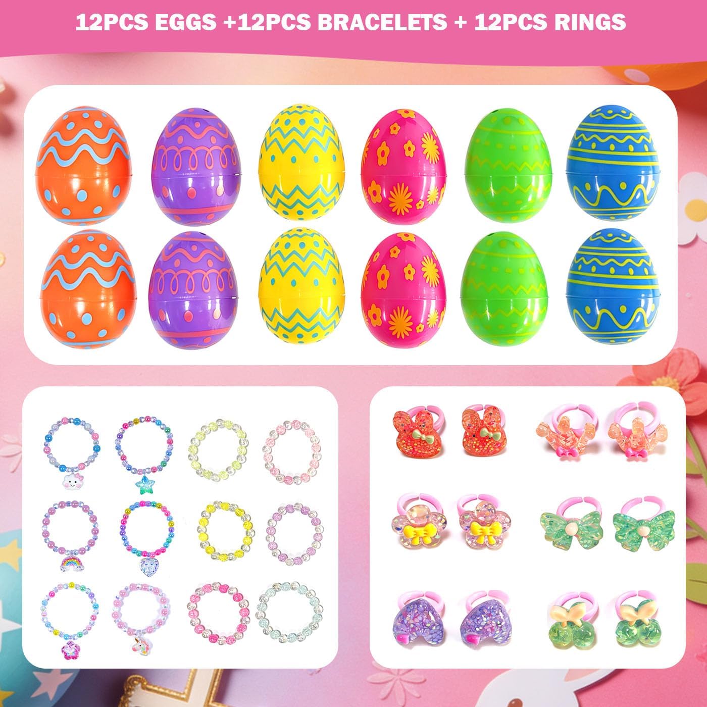 12 Pack Prefilled Princess Easter Eggs with Princess Bracelets and Rings Inside Jewelry Party Favor for Easter Basket Stuffers