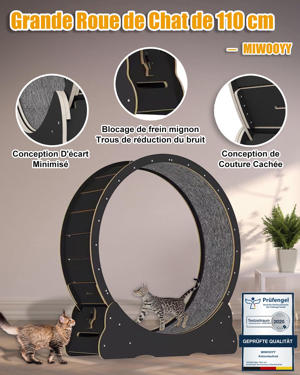 Roue pour Chat Grande d'exercice 110cm - Tapis Roulant en Bois Massif Noir pour Chats Intérieur avec Serrure