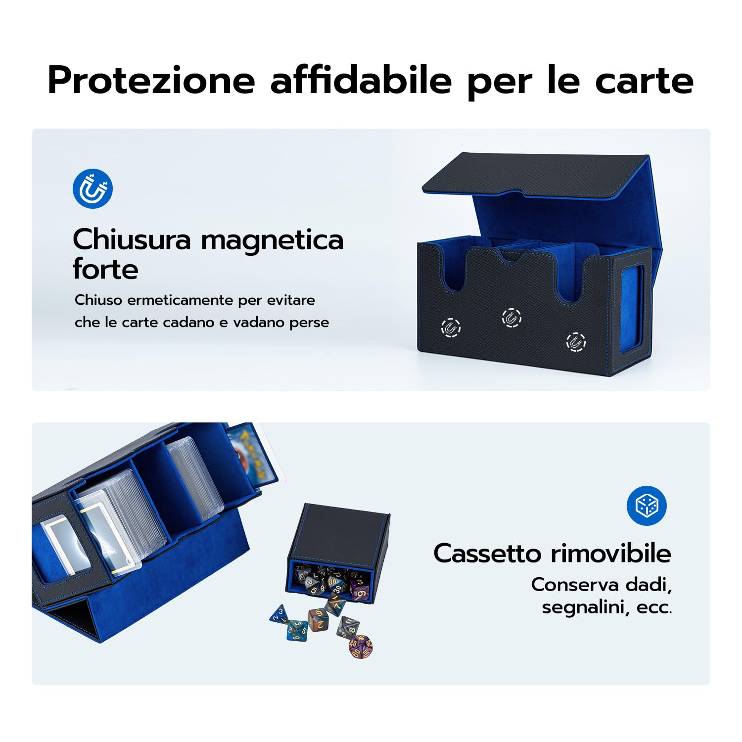 MTG Deck Box con scomparto e finestre di visualizzazione laterali, 3 in 1 Magnetic Card Box per contenere 200+ TCG Carte da Collezione, Blu e Nero