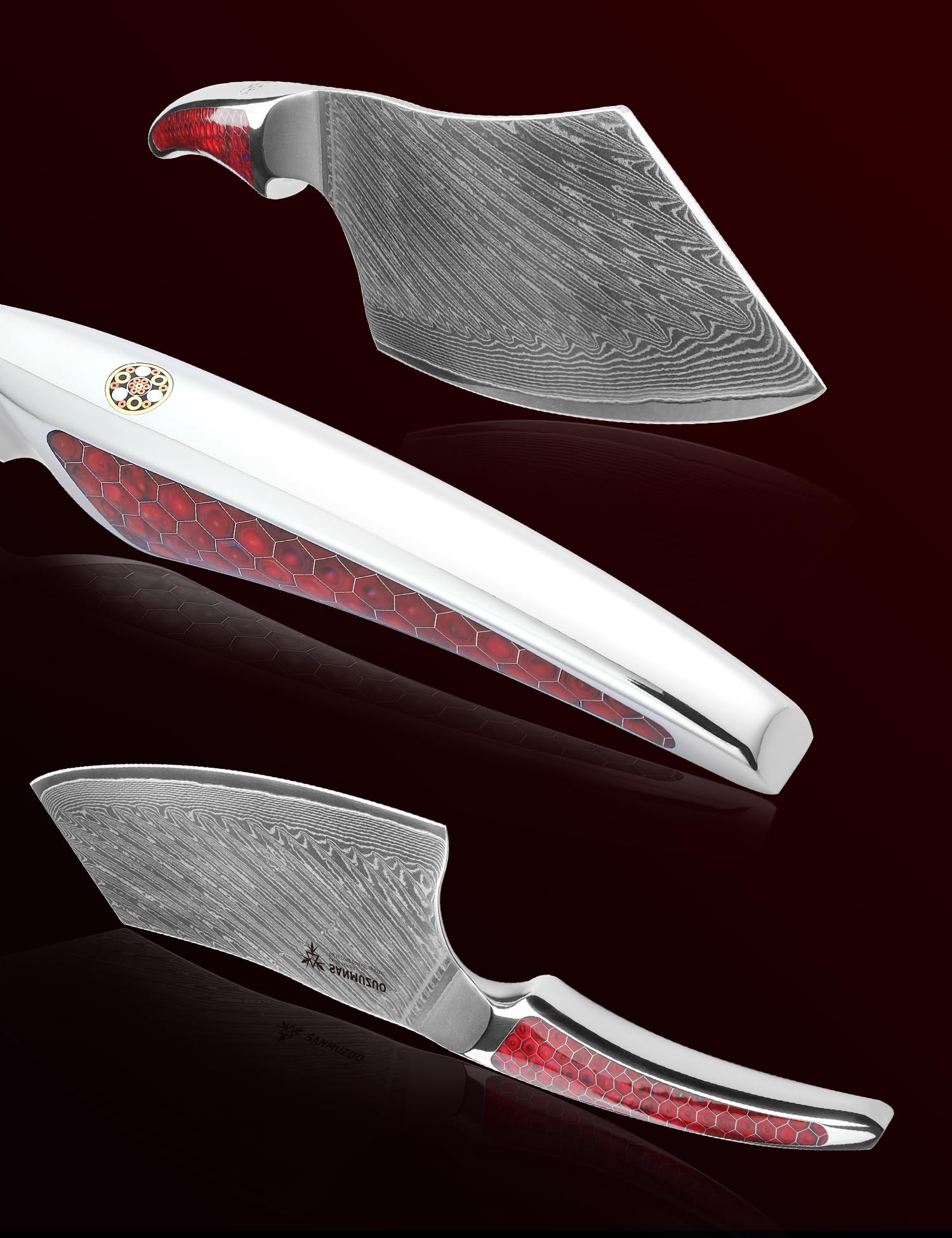 18CM Nakiri-Messer, Fleischerbeil aus Japanischem VG-10-Damaszenerstahl, ultrascharfes Gemüsemesser mit Ergonomischer Griff aus Rot Harz, Serie LA-S9