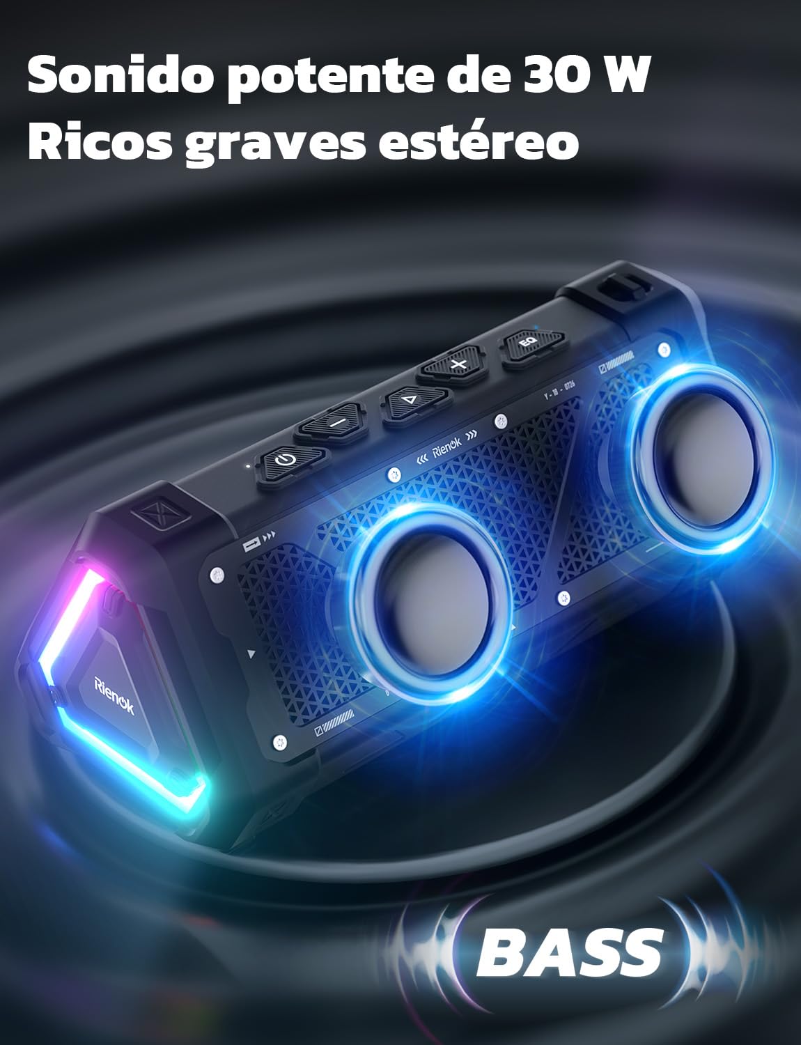 RIENOK S11 30W Altavoz Bluetooth Potente Impermeable IPX7 3 EQ Modos Bluetooth 5.3 Portátil Inalámbrica Dura 24 Horas Emparejamiento Estéreo Luz RGB Apoya Tarjeta TF