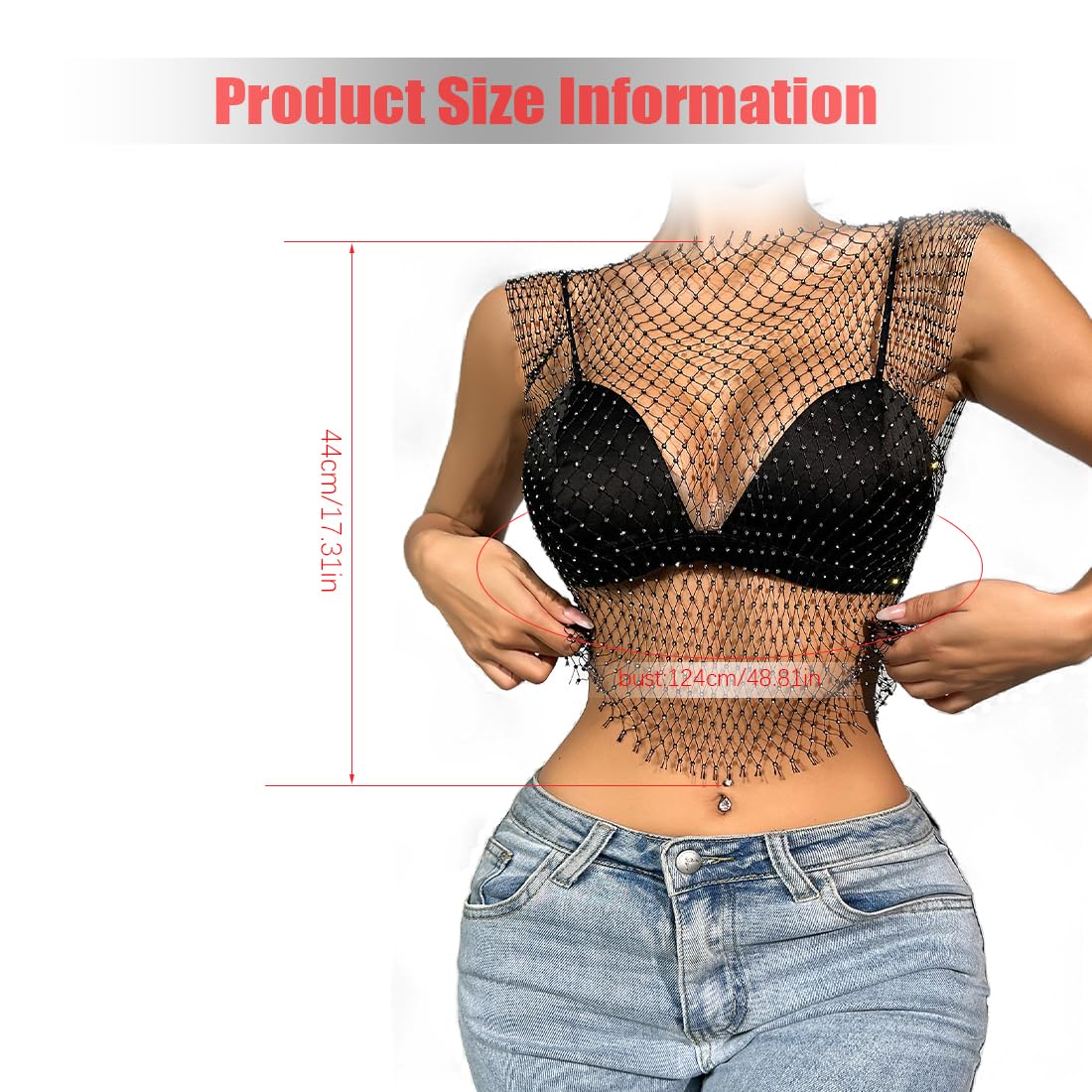 1 Piezas Camiseta Rejilla Mujer, Top Mujer Fiesta, Rhinestone Brillante Malla Cuerpo Cadena Tops para Mujeres Brillante Bikini Crop Top (Negro,M)