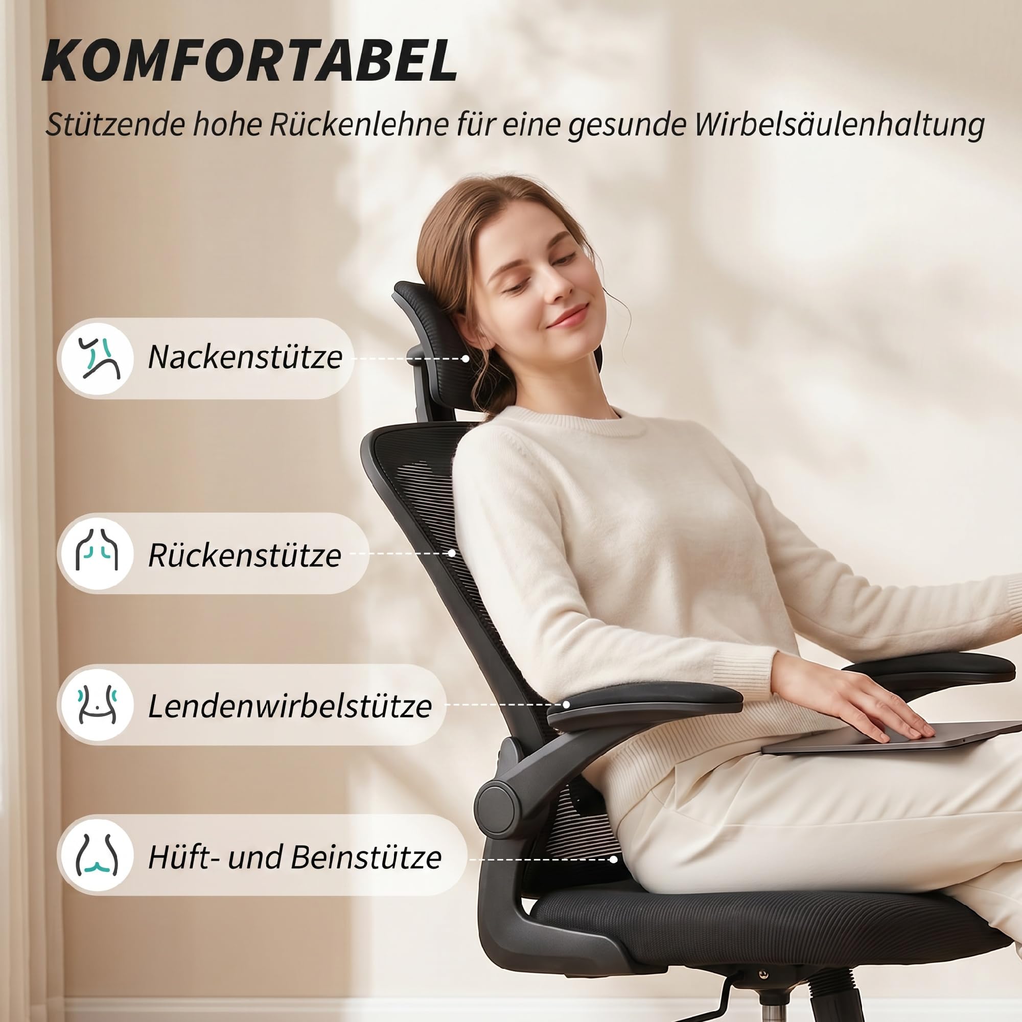 HOMCOM Bürostuhl Ergonomischer Schreibtischstuhl mit Kopfteil Schwarz | Hochklappbare Armlehnen, Verstellbare Lendenwirbelstütze, Höhenverstellbarer Drehstuhl, Wippfunktion, Netzbespannung