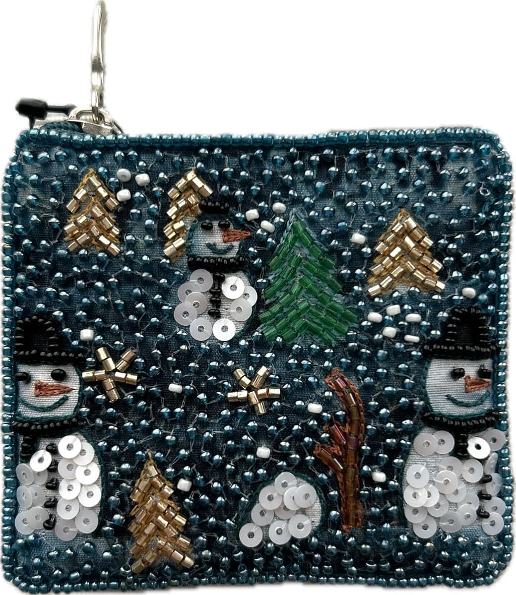 BTC Merry & Bright Snowman Hand Beaded Coin Purse & Holiday Card Holder, Blue Multicolor Artisan Zip Wallet for Gifts