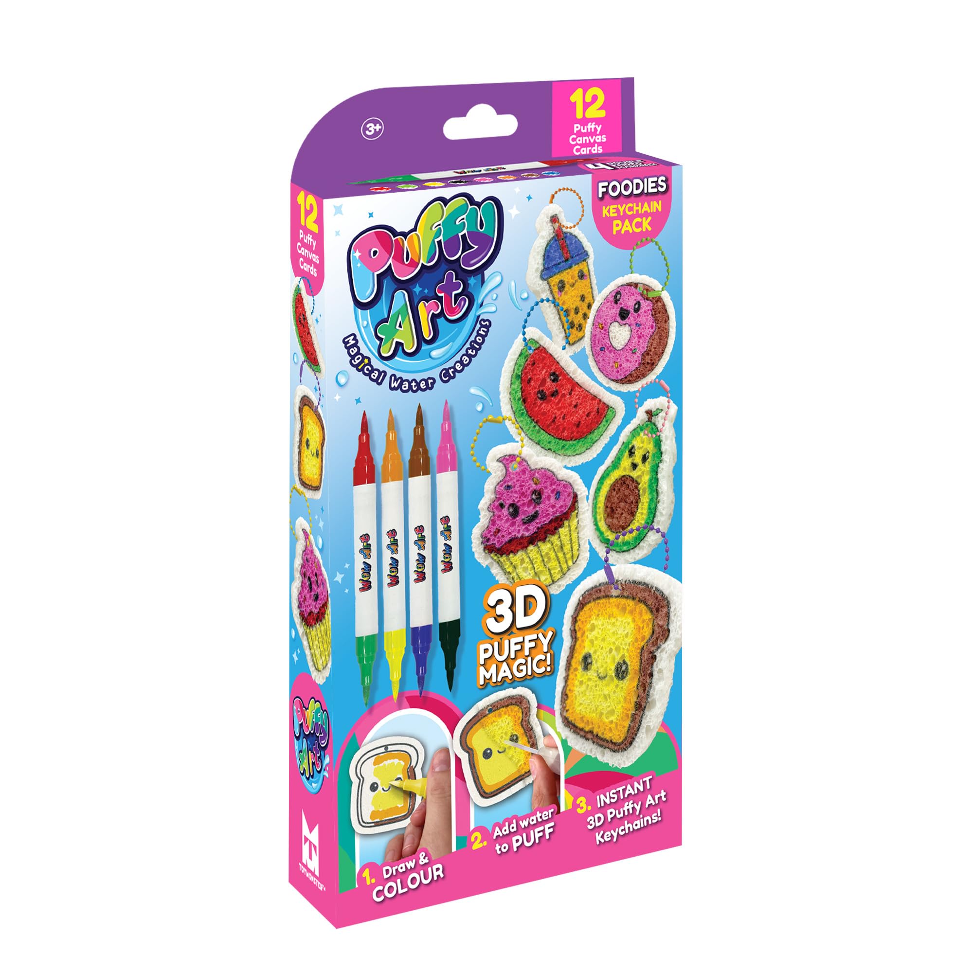 WOW Art Puffy Art Foodies Pack – 3D Puffy Drawing & Keychain Craft Kit, Set with Markers, Canvases & Accessories