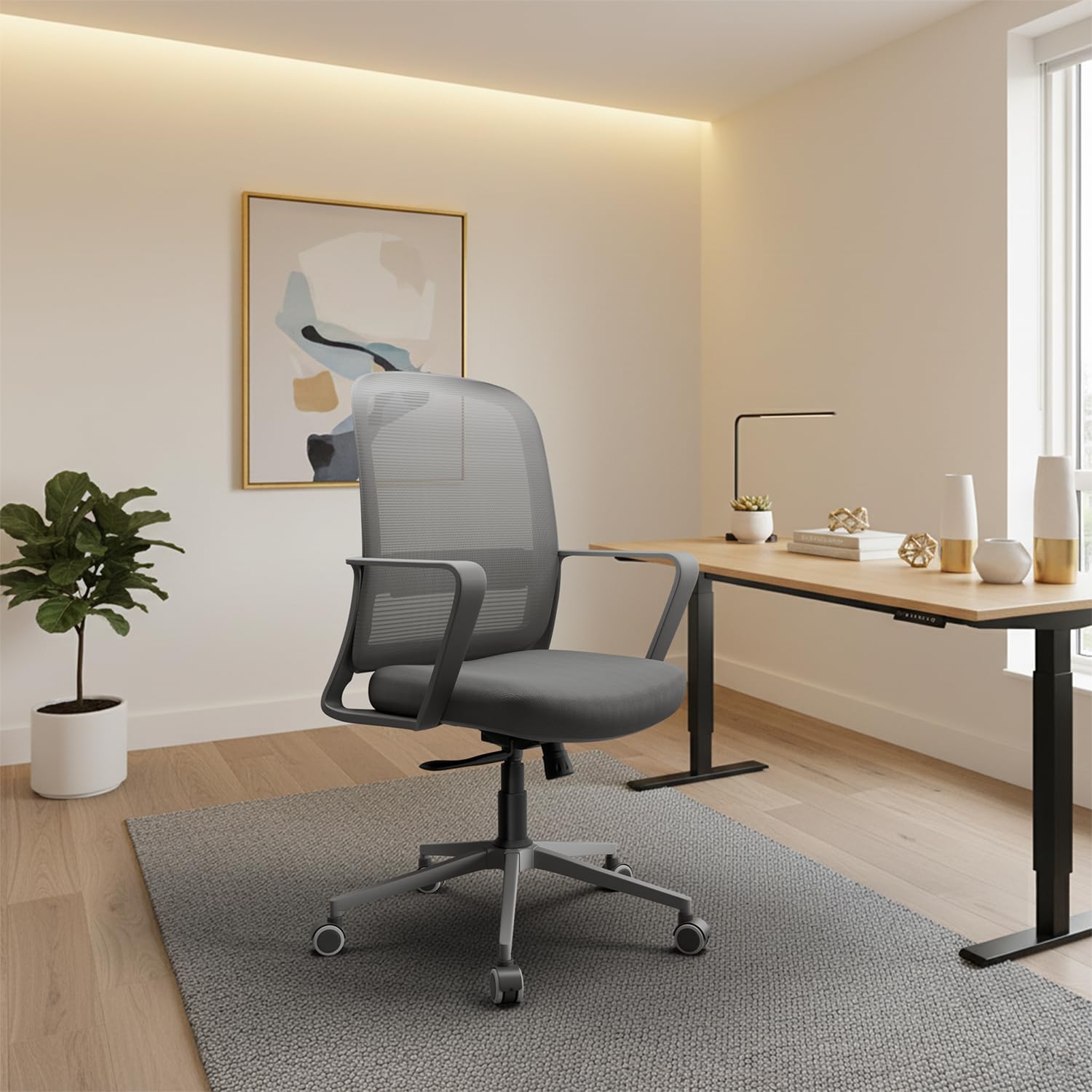 Vergo Empower Premium Mesh Office Chair, Mid Back Ergonomic Design, Lumbar Support, Fixed Armrests, Single Tilt-Lock Recline, Nylon Base, Revolving Desk & Study Chair for Home & Office (Grey)