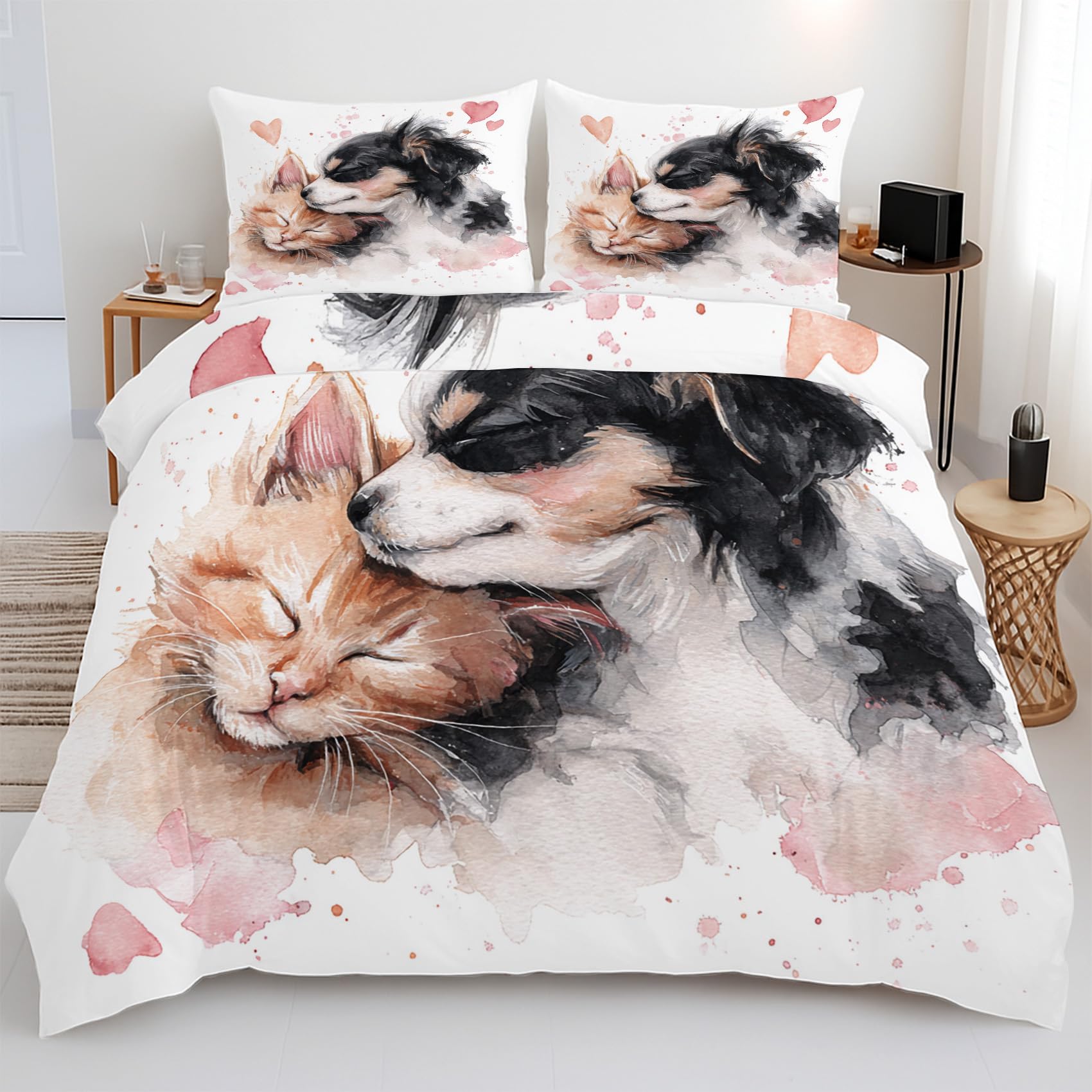 Housse de Couette 240 x 260 Chien Chat en microfibre douce avec 2 taies d'oreiller