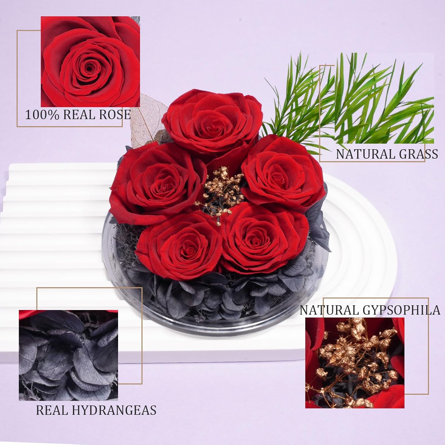 Yamonic Mom Birthday Gifts for Mom Women, Glass Angel Figurines with Five Real Rose Gifts for Her Mom Grandma, Preserved Flowers Rose Angel Gifts for Mothers Day Christmas Anniversary Birthday (Red) - Image 4