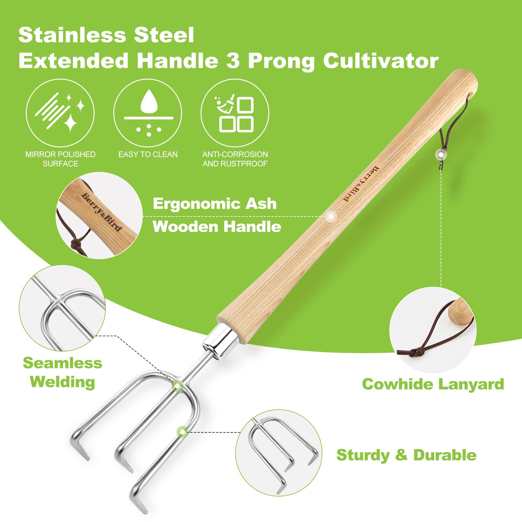 Berry&Bird Edelstahl Mittelgriff 3 Zinken Kultivator Garten Handharke Handfräse mit ergonomischem Holzgriff und Lederband, Garten Handgabel zum Jäten, Wenden Erde, Kultivieren