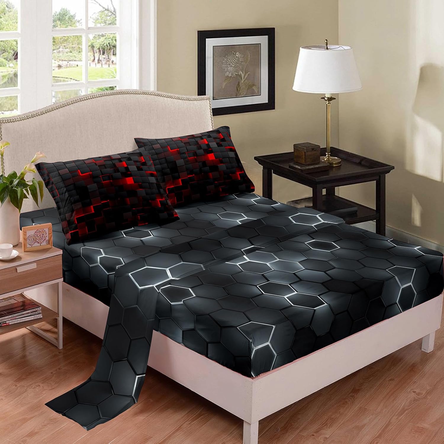 Peopleareok 6 Piece Black and Red Checkered Comforter Sets Twin for Boys, Soft Microfiber Geometric Checkered All Season Bed in a Bag for Dorm with Sheets, Pillowcase, Decorative Pillow